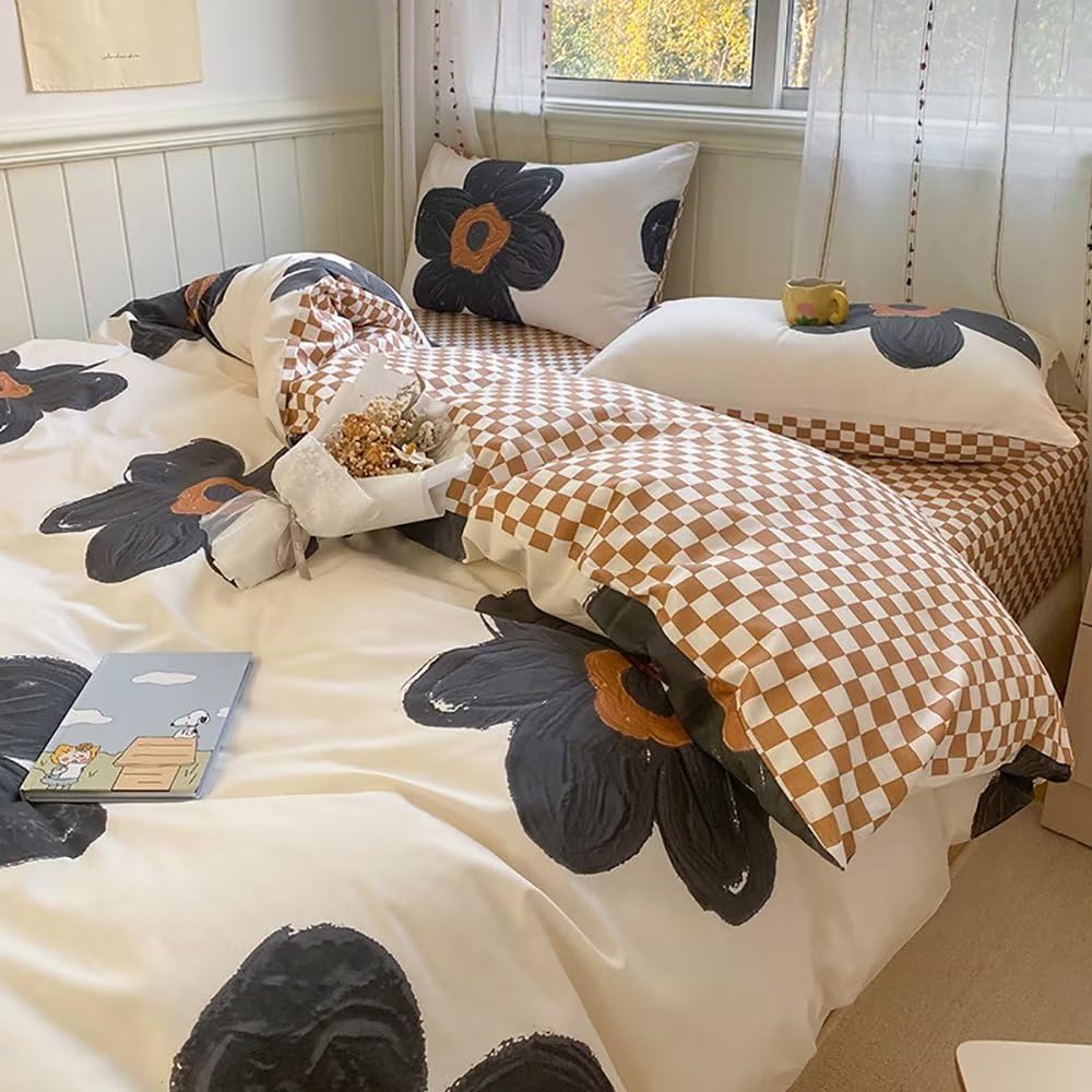 Houseri Black and White Floral Comforter Set Full for Teen Girls Kawaii 3D Sunflower Bedding Comforters Sets Full Size Black Botanical Comforter Cute Relief Print Beige Brown Plaid Bedding Sets Full - Image 4