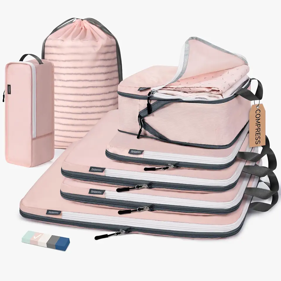 CherryNow Cubos de compressão, 7 conjuntos de organizadores de mala para viagem, itens essenciais de viagem para mala, bolsas organizadoras de bagagem para viagem, rosa