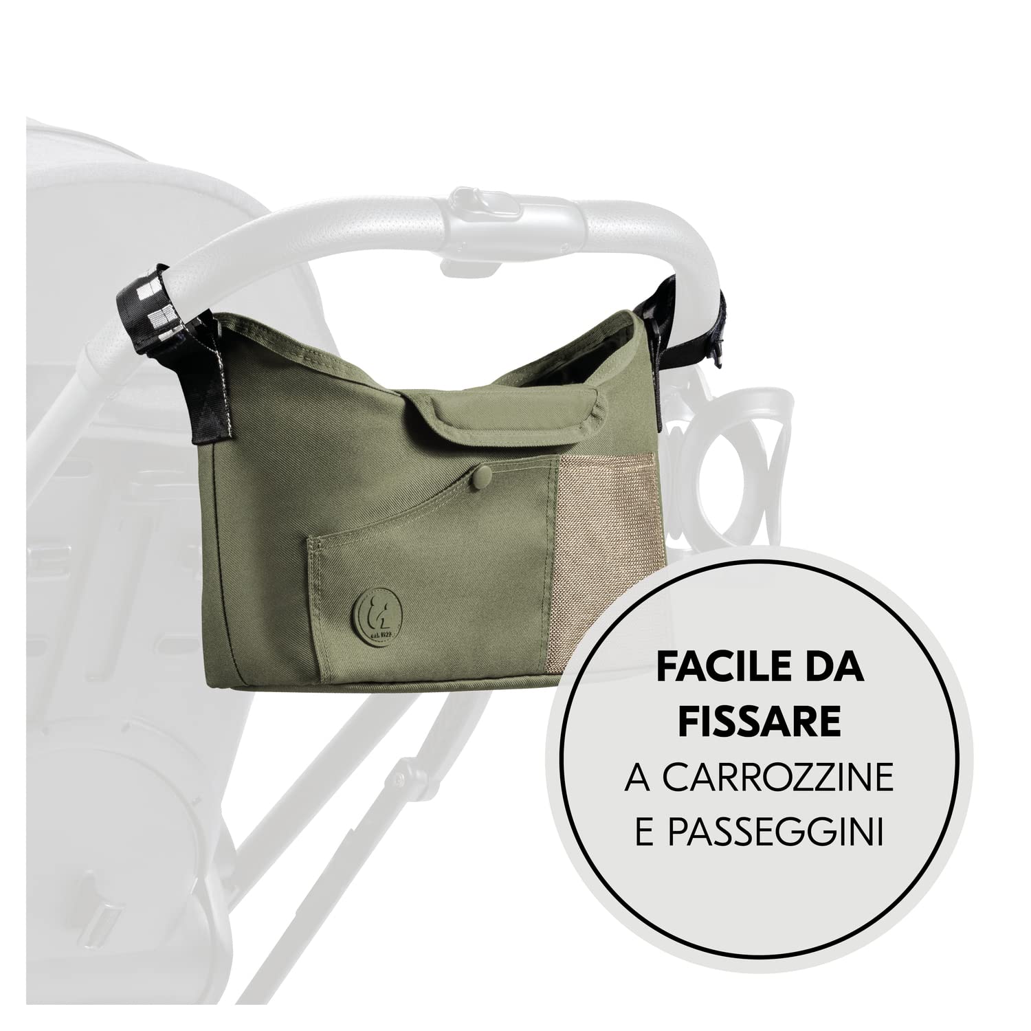 hauck Borsa Passeggino e Carrozzina, Verde Oliva - 35 x 10 x 22 cm - Borsone Portaoggetti con Portabibite di Facile Presa e Tasca in Rete - Chiusura a Strappo per Fissaggio al Manubrio