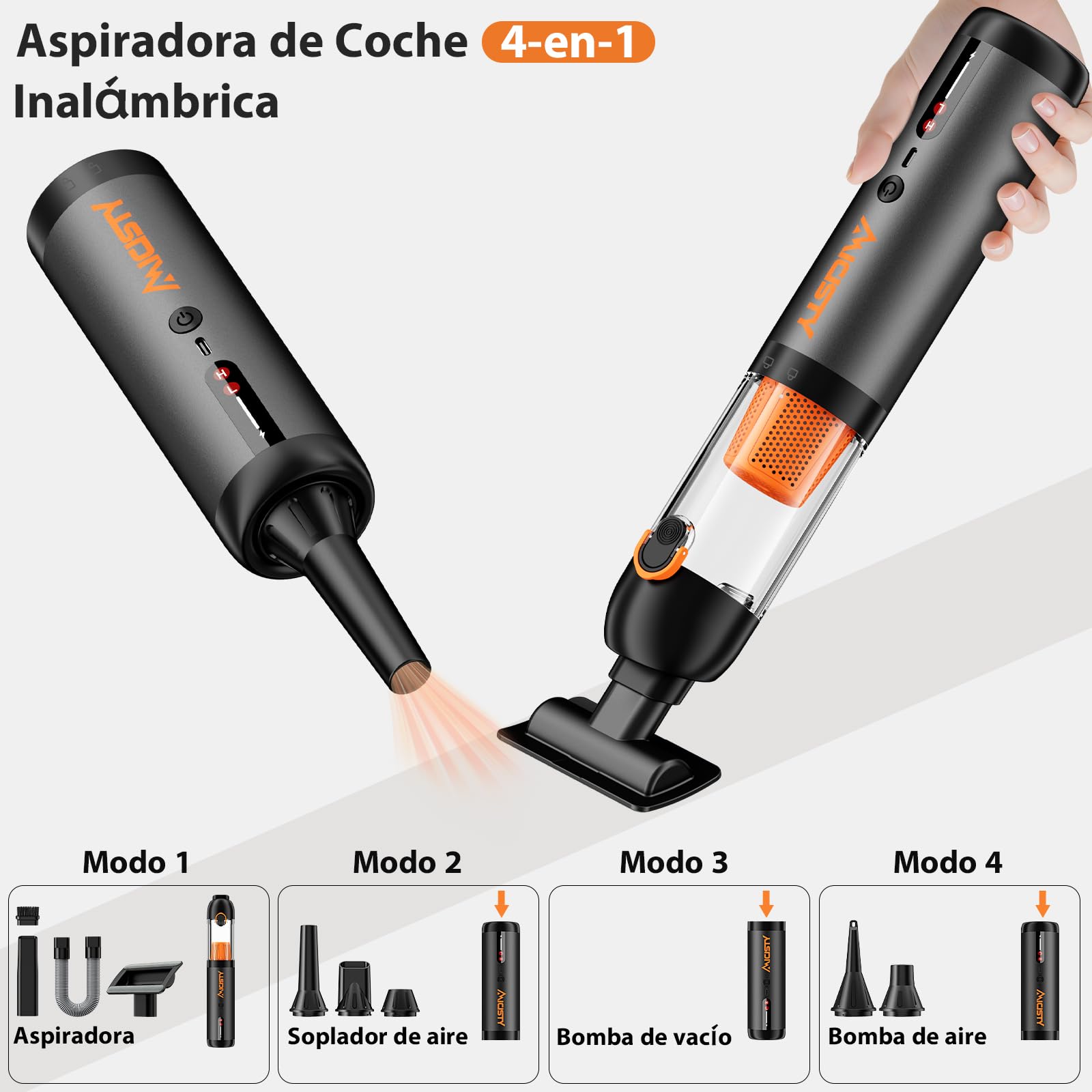 Aspirador de Coche Inalámbrico Potente 30.000 Pa, Aspirador de Mano 4 en 1 – Mini Aspirador/Soplador/Compresor de Aire/Bomba de Vacío, Motor Sin Escobas, 7800 mAh Carga Rápida