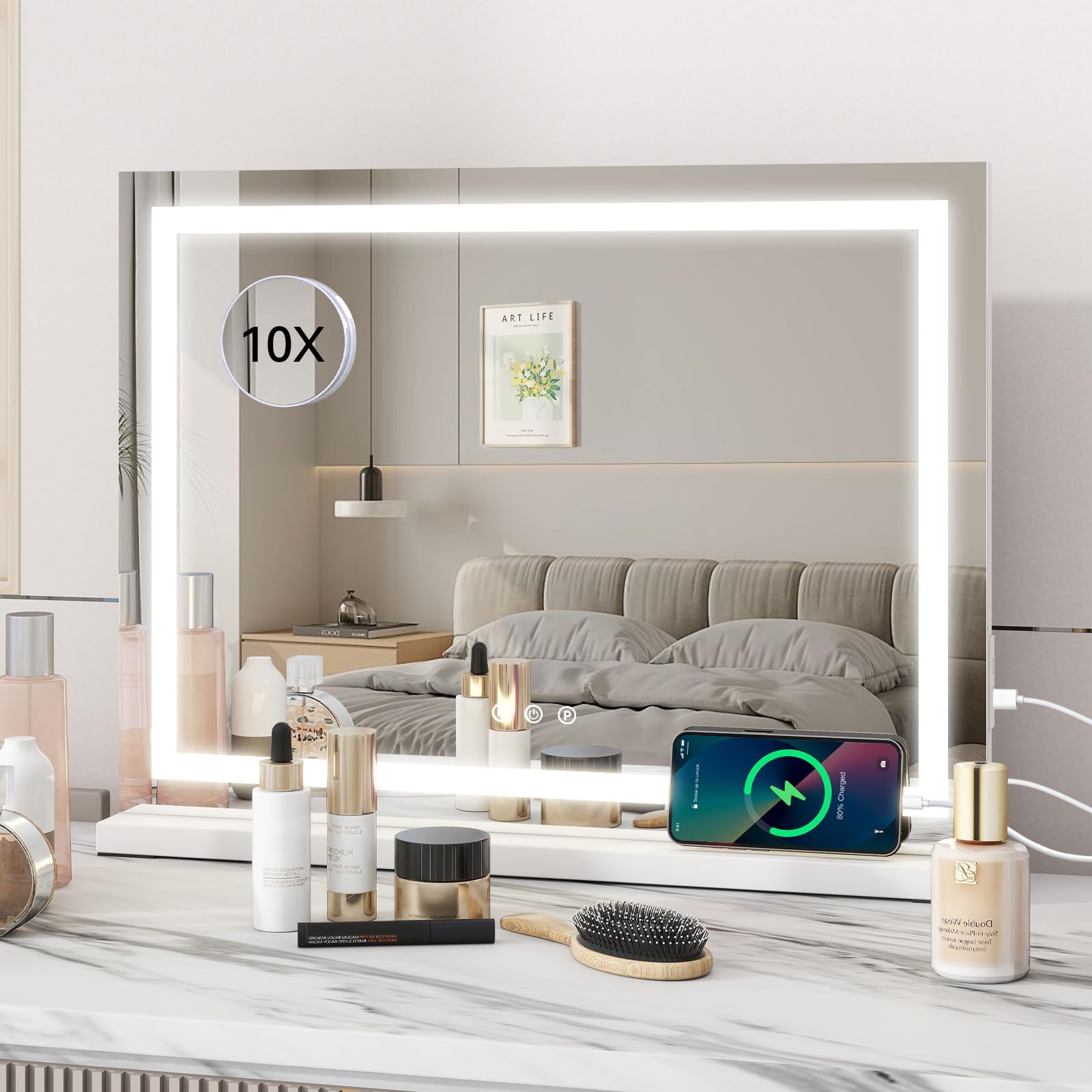 Specchio Da Trucco LED Gvnkvn Con Porta USB – 71x55 Cm, 3 Modalità Di Luce Dimmerabile, Ingrandimento 10x