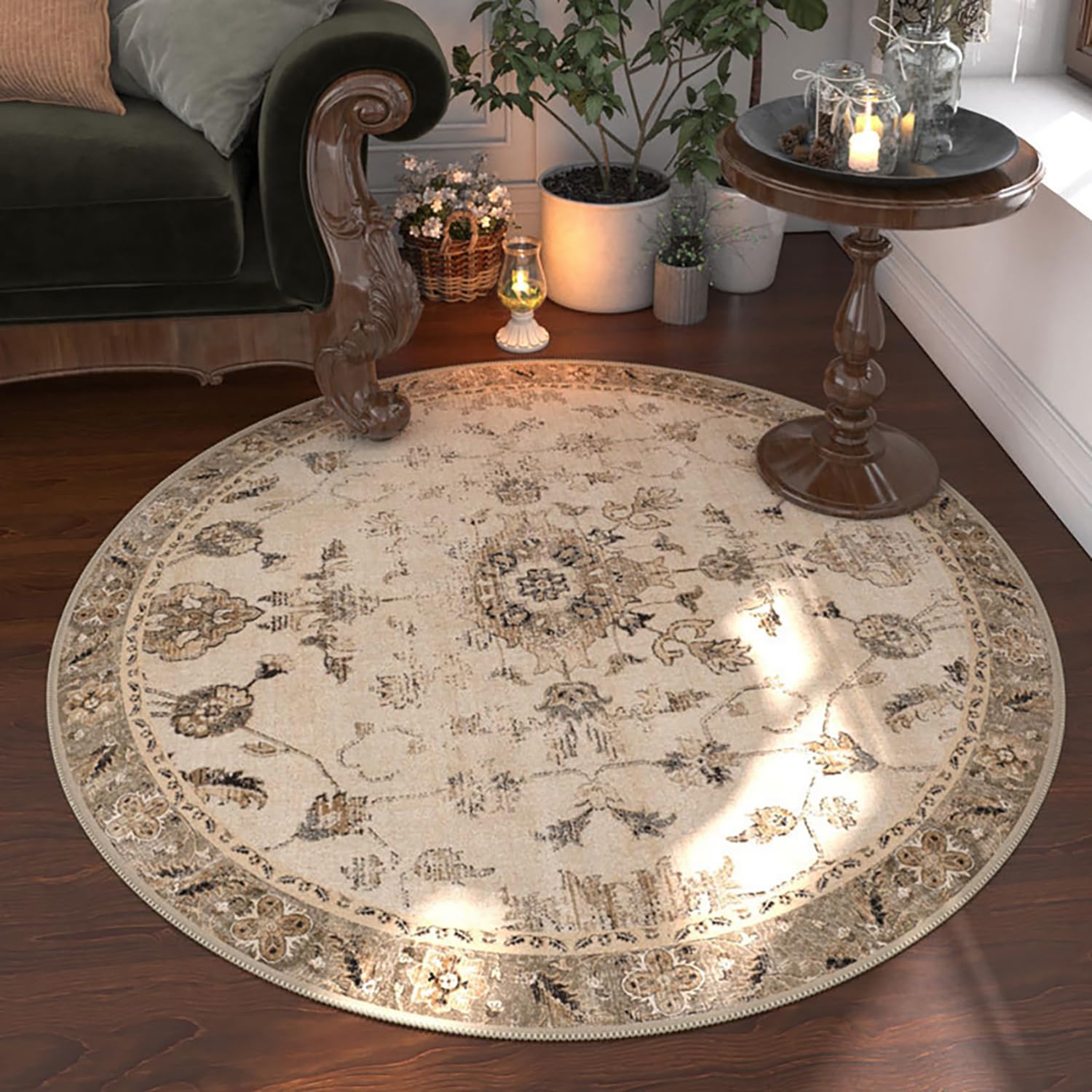 Tapis rond beige lavable en machine pour salon et salle a manger