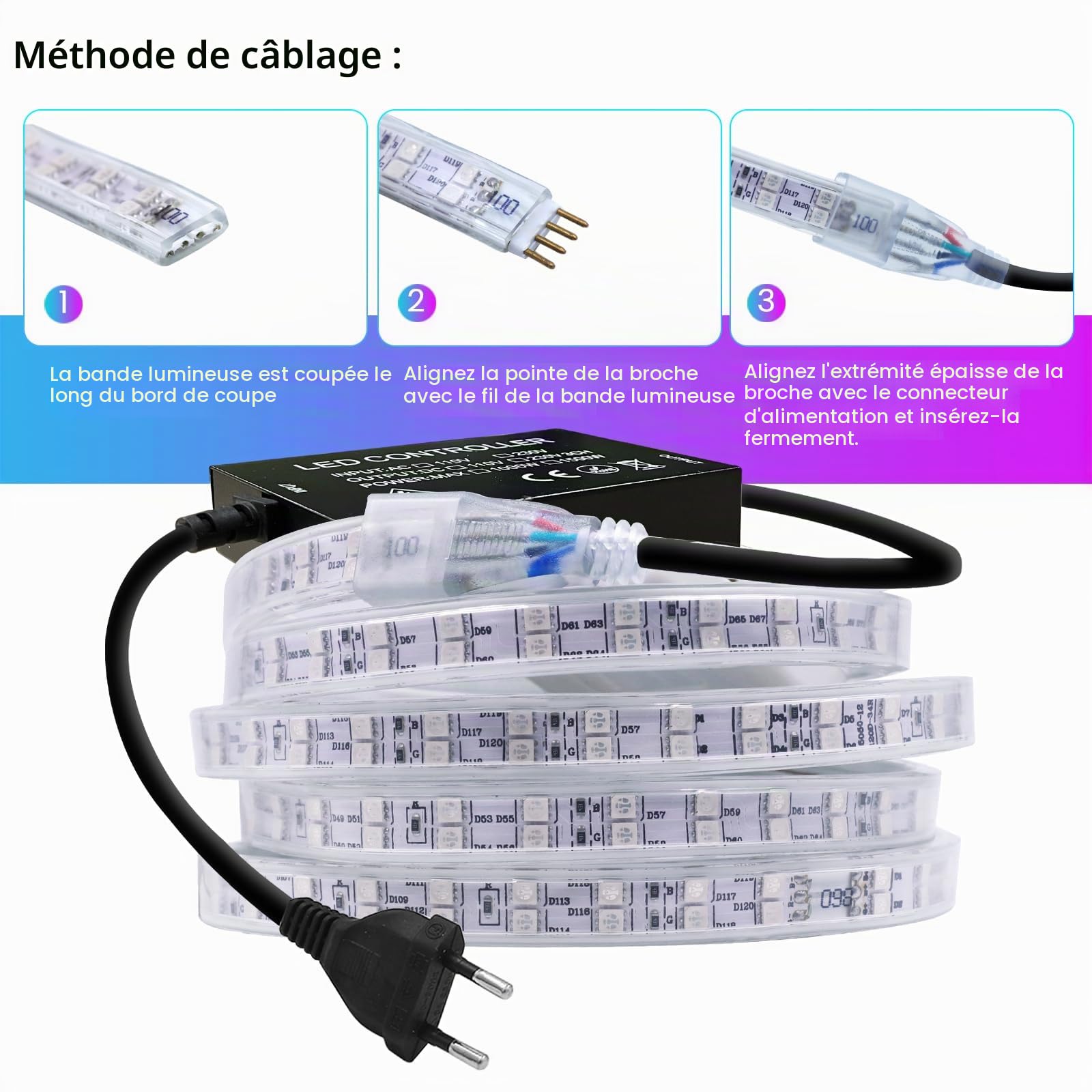 Ruban LED RGB 220V 5050 120leds/m Dimmable flexible IP67 Étanche Multicolore LED Bande Avec 1500W Panneau tactile de télécommande tactile pour Chambre,Bar,Intérieur/Extérieur