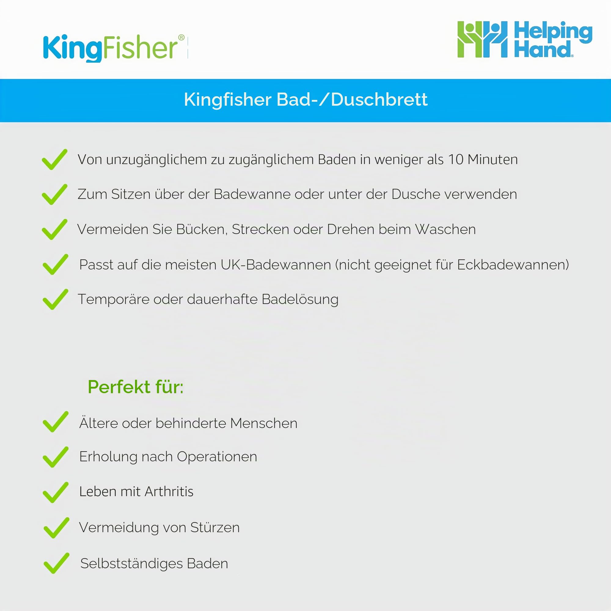 Helping Hand Kingfisher Badewannenbrett mit Griff, Kunststoff, Weiß Verstellbar für 66-71,1 cm breite Badewannen. 200 kg. -