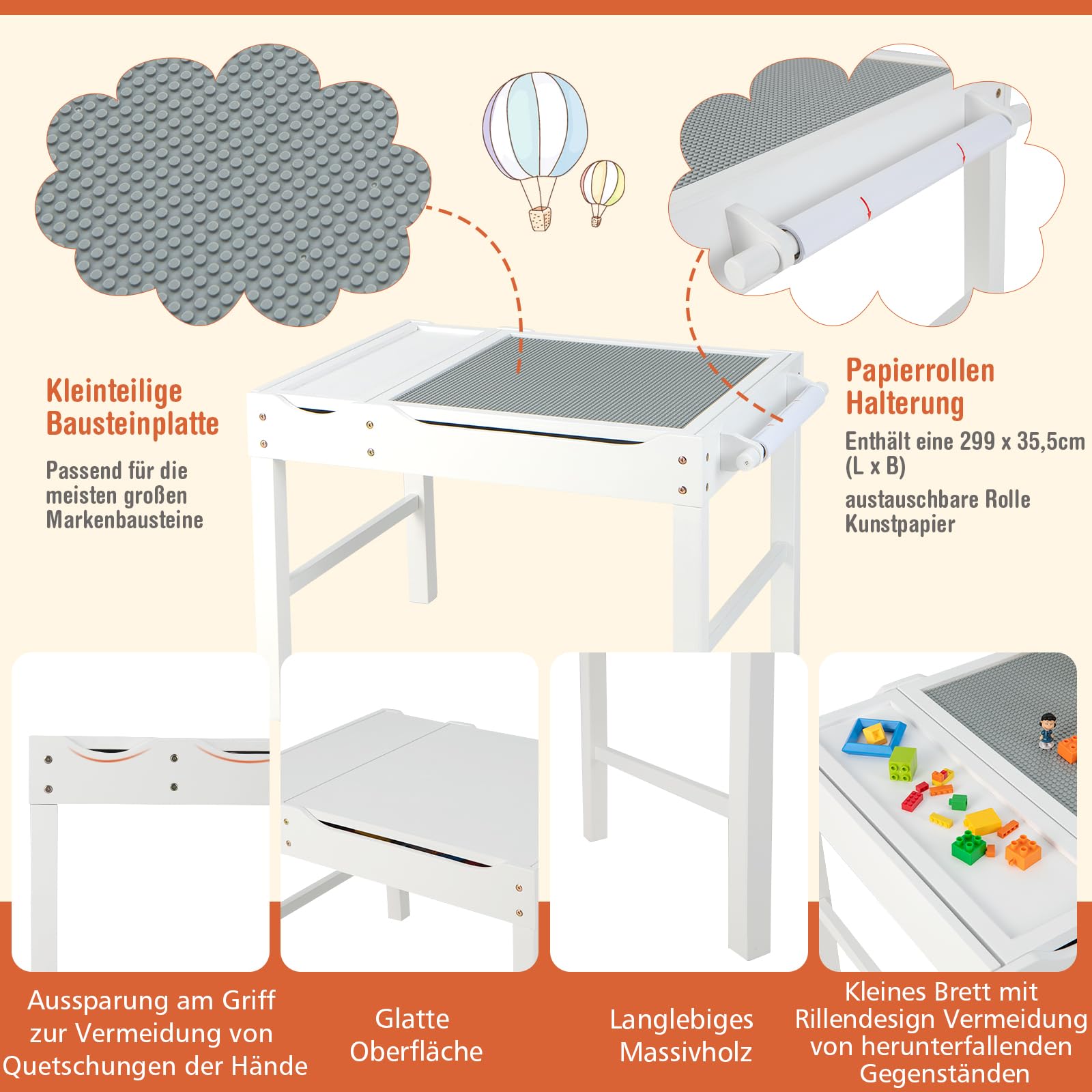 COSTWAY 2 in 1 Kindertisch mit umkehrbarer Tischplatte, Spieltisch aus Kiefernholz mit Stauraum, Seiternstange & Papierrolle, Aktivitätstisch Legotisch für Kinder ab 3 Jahre (Weiß)