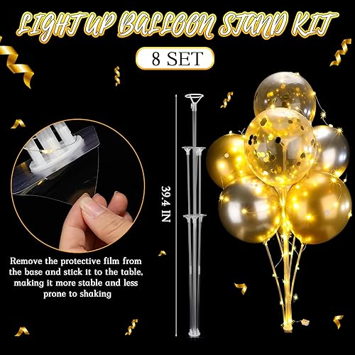 Miniatura 2 de Juego de 8 centros de mesa de globos para mesas con tira de luces iluminadas, kit de soporte de globos para graduación, cumpleaños, boda, baby