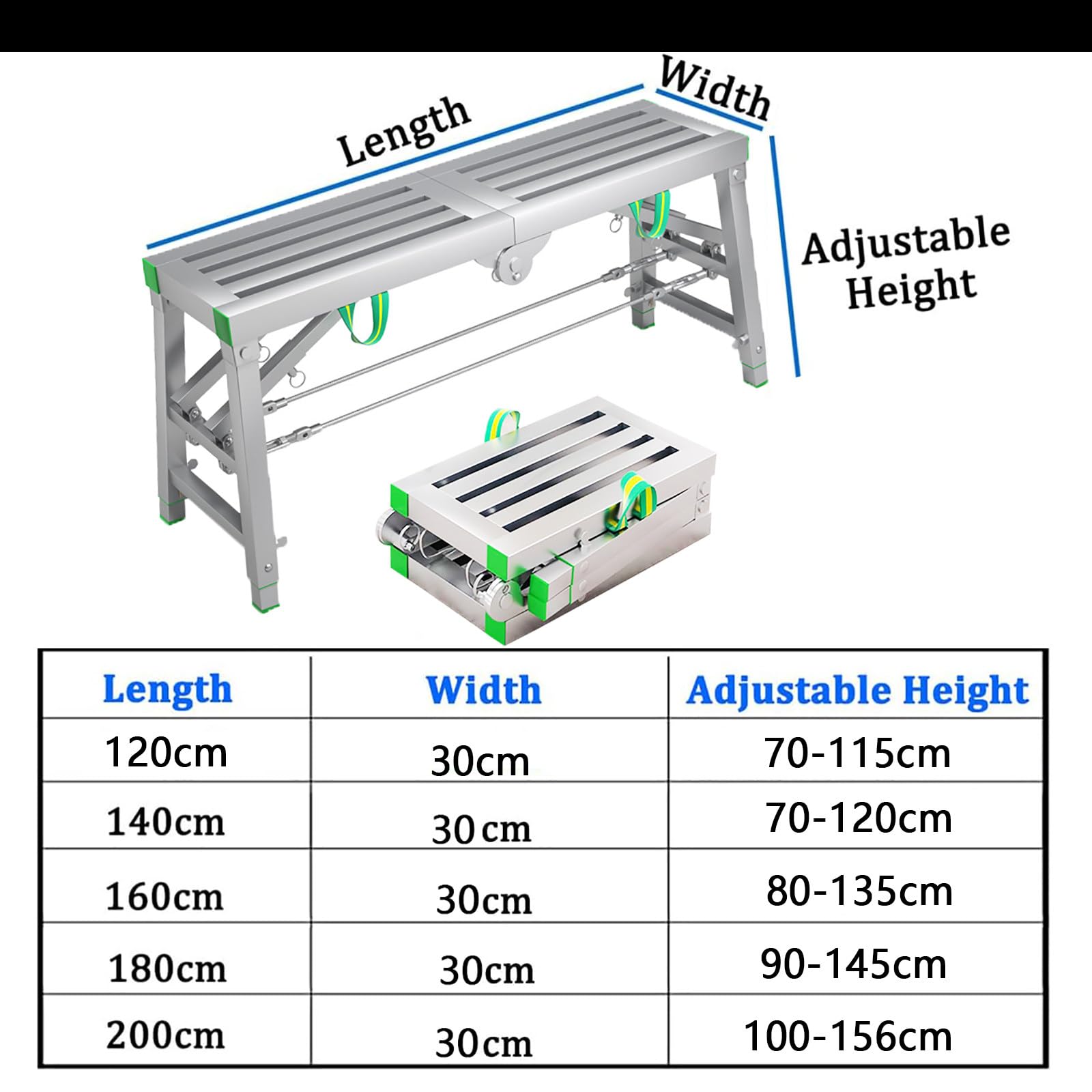 Andamio Plegable PortáTil, Plataforma de Trabajo Ajustable, Andamio de Aluminio Resistente para Limpieza de Techos, Pintura, Lavado de Autos, Carga MáXima de 1120 Libras,180x30cm