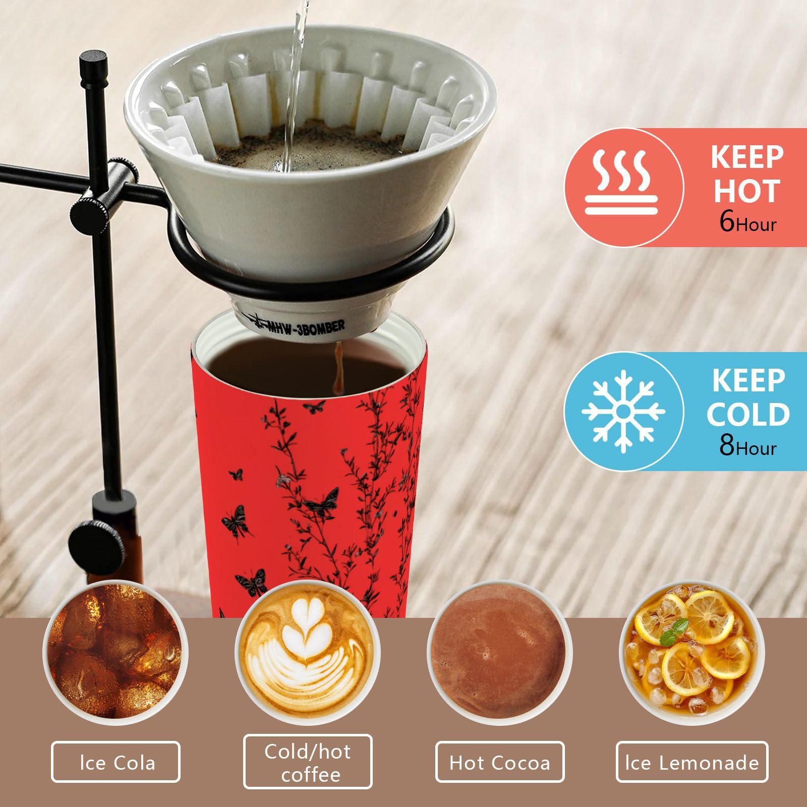 linqin Taza de café de viaje con diseño de mariposas negras y plantas, taza térmica de acero inoxidable para frío y calor, 481.9 g, a prueba de fugas