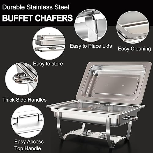 Miniatura 4 de MEEZY Juego de 4 platos de bufé de 9 cuartos de galón de acero inoxidable con tamaño completo, tamaño medio, tercer tamaño, plegable, para catering,