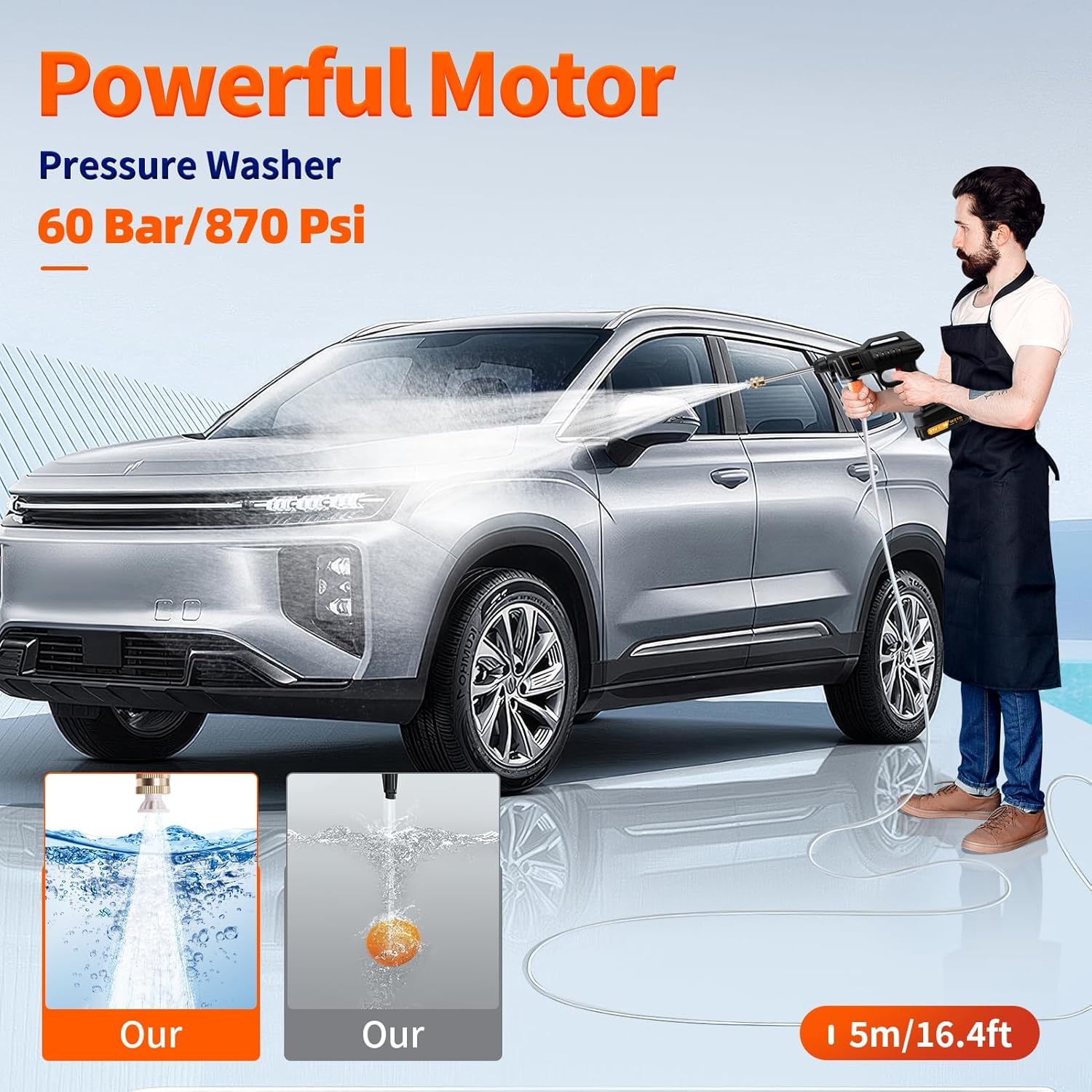 Rondella ad alta pressione batteria 60 bar e caricatore 1500 W Jet Hawk idropulitrice senza fili con ugello e tubo lungo 5 m/16,8 piedi per auto, finestre, prati, giardini, piscine