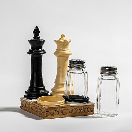 Miniatura 7 de Juego de saleros y pimenteros de ajedrez, tarros de especias de vidrio con soportes de resina para salero y pimentero, decoración retro de cocina