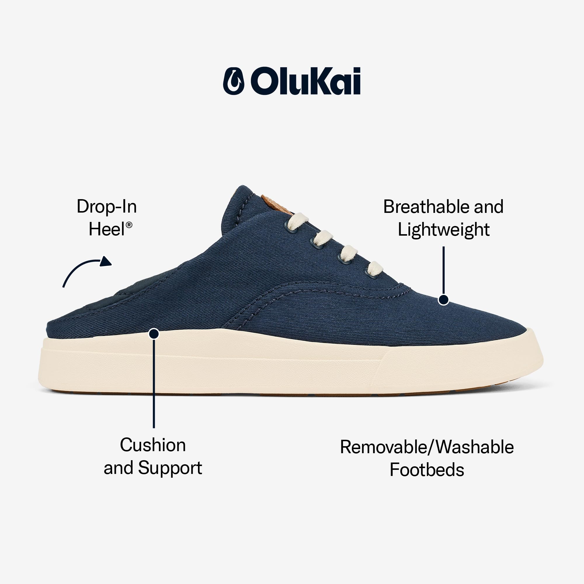 OLUKAI Kohu - Tenis de uso diario para mujer, lona ligera y diseño clásico de cordones, comodidad y apoyo durante todo el día, azul marino/azul marino, 37.5 EU