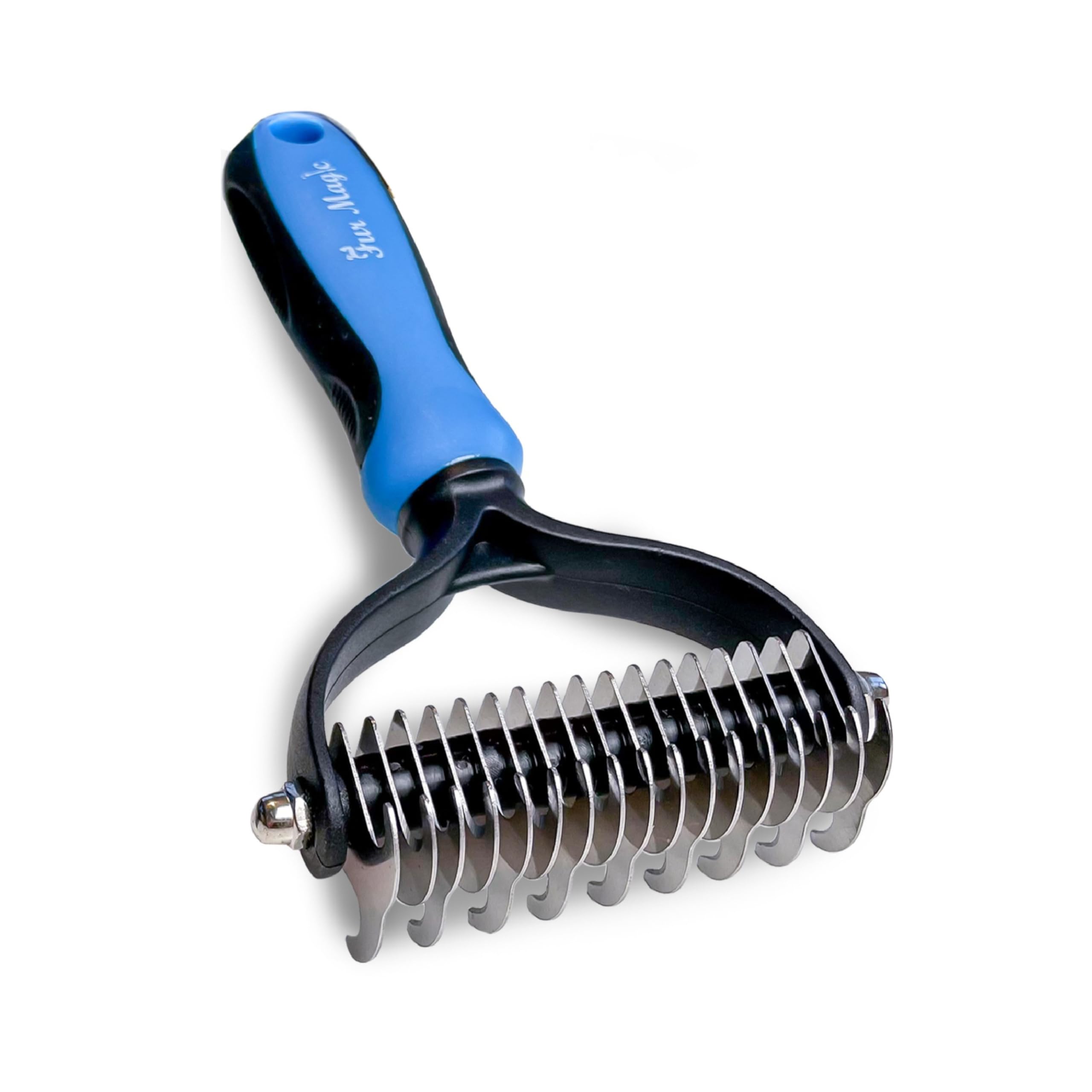 Fur Magic Dematting Comb for Dog & Cat – Pet Deshedding Tool for Removing Loose Undercoat, Knots, Mats – Dog Brush for Grooming – Dual Sided Undercoat Rake