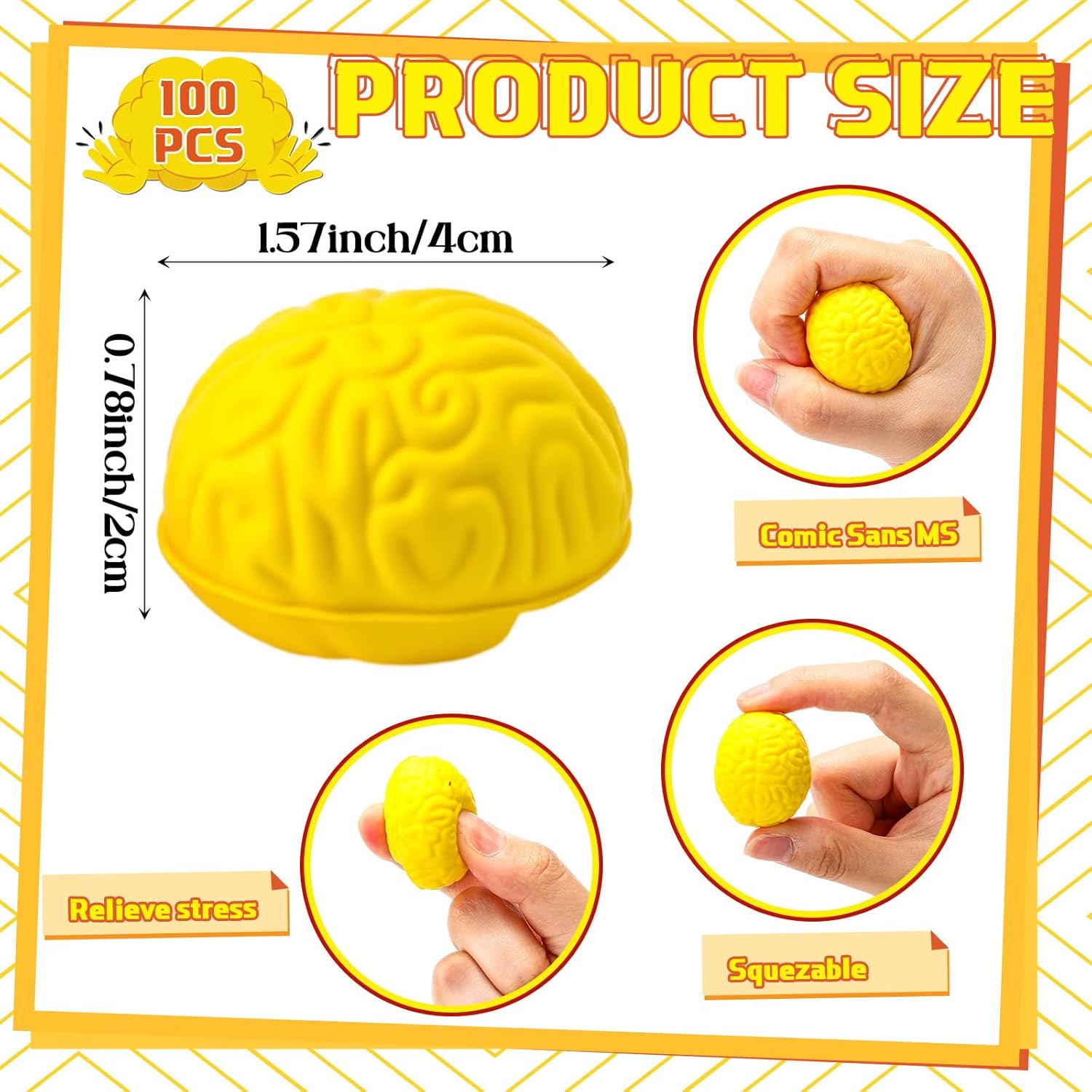 Skylety 100 Pcs Brain Stress Balls Bulk Halloween Funny Toy PU Hand Muscle Exercise Pressure Ball Brain Shaped Toy for Adults Object Recognition Halloween Decoration Prop (Yellow,Mini)