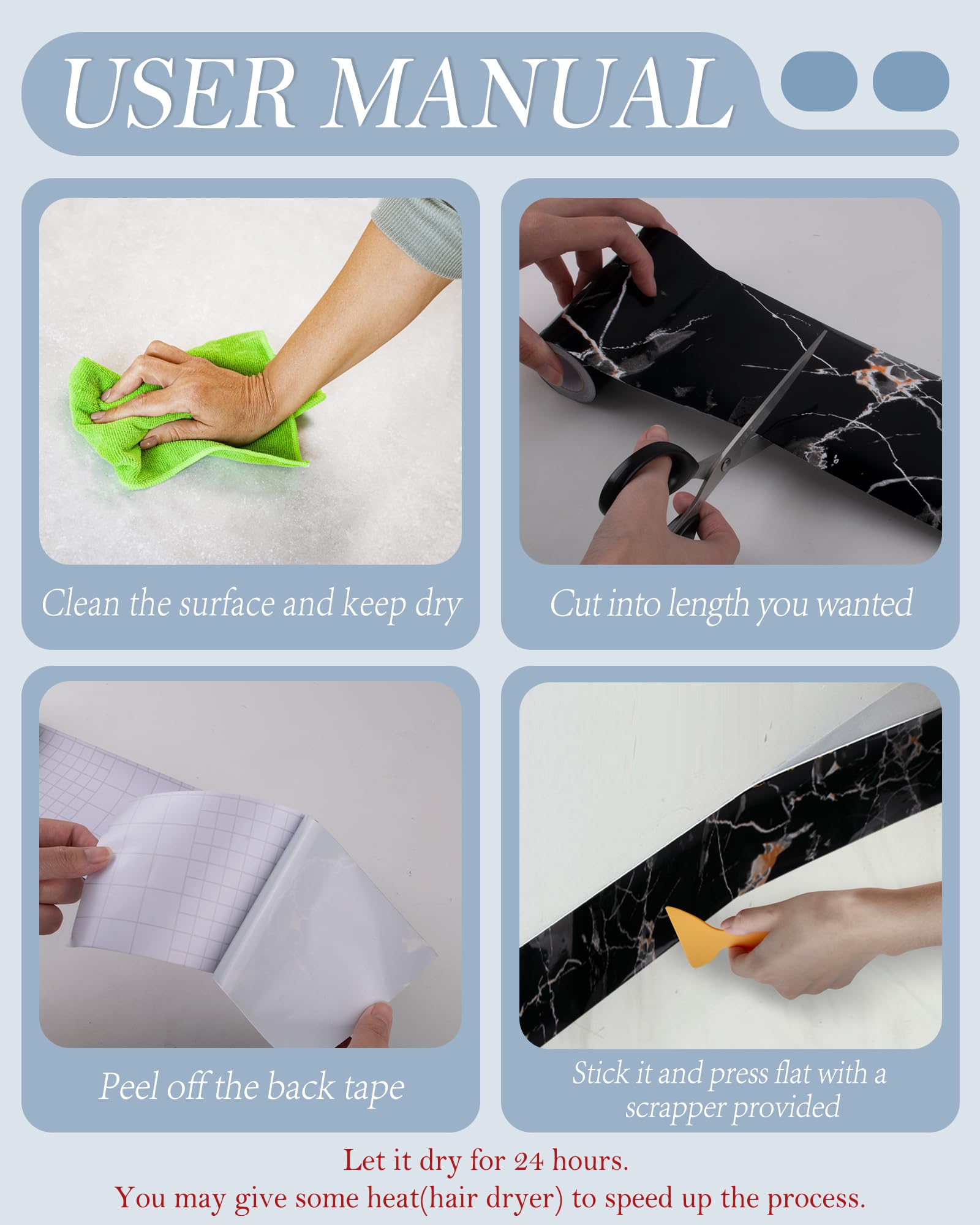 Bordo Autoadesivo Per Pareti FBBULES - PVC, Effetto Marmo, 5m X 5/10/15cm, Facile Applicazione - Foto 2