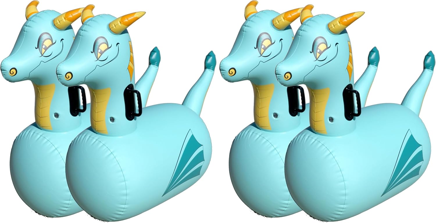 Hearthsong Hop N Go Inflatable Blue Dragon Bouncy Riding, Hopping Toys for Kids Ages 5+ - Ride On Bouncer Animal Hopper Jumping Toys for Outdoor Games (4 Pack)