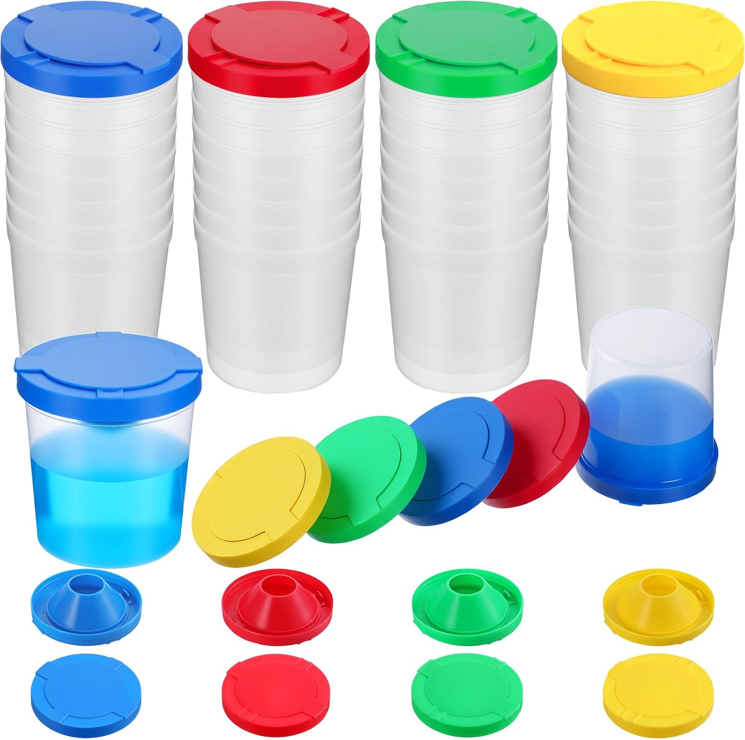 36 Pcs 6 oz No Spill Paint Cups with Flip Open Lids, Assorted Color Paint Pots for Kids Art Supply, Classroom Craft Painting, Red Yellow Blue Green
