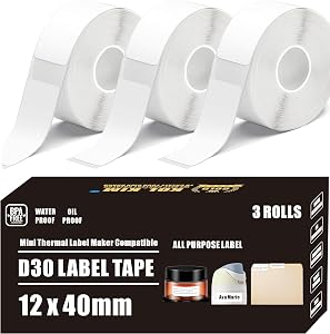 D30 Label Tape, Waterproof Thermal 12x40mm Label Tape for Phomemo D30 Labels Tape Print Master Labels ASprink Q30 Q30S Label Maker Tape Refill Pristar P15 Label Maker Refills White 0.47" x 1.57"