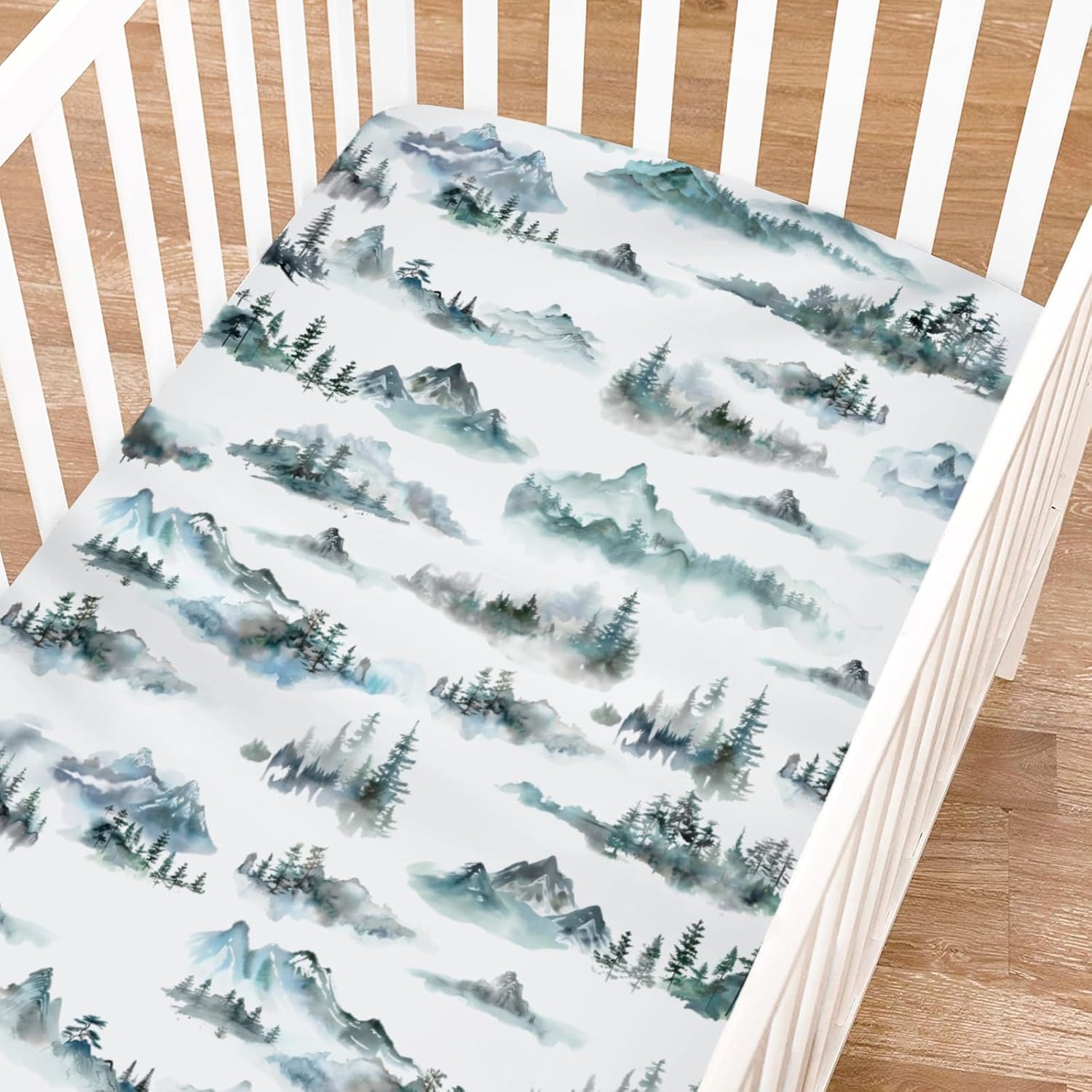 Watercolor Misty Forest Painting Fitted Baby Crib Sheets for Girl Boy 52"x28" Mountain Foggy Crib Mattress Cover Soft Breathable Baby Bed Sheet for Standard Crib and Toddler Mattress