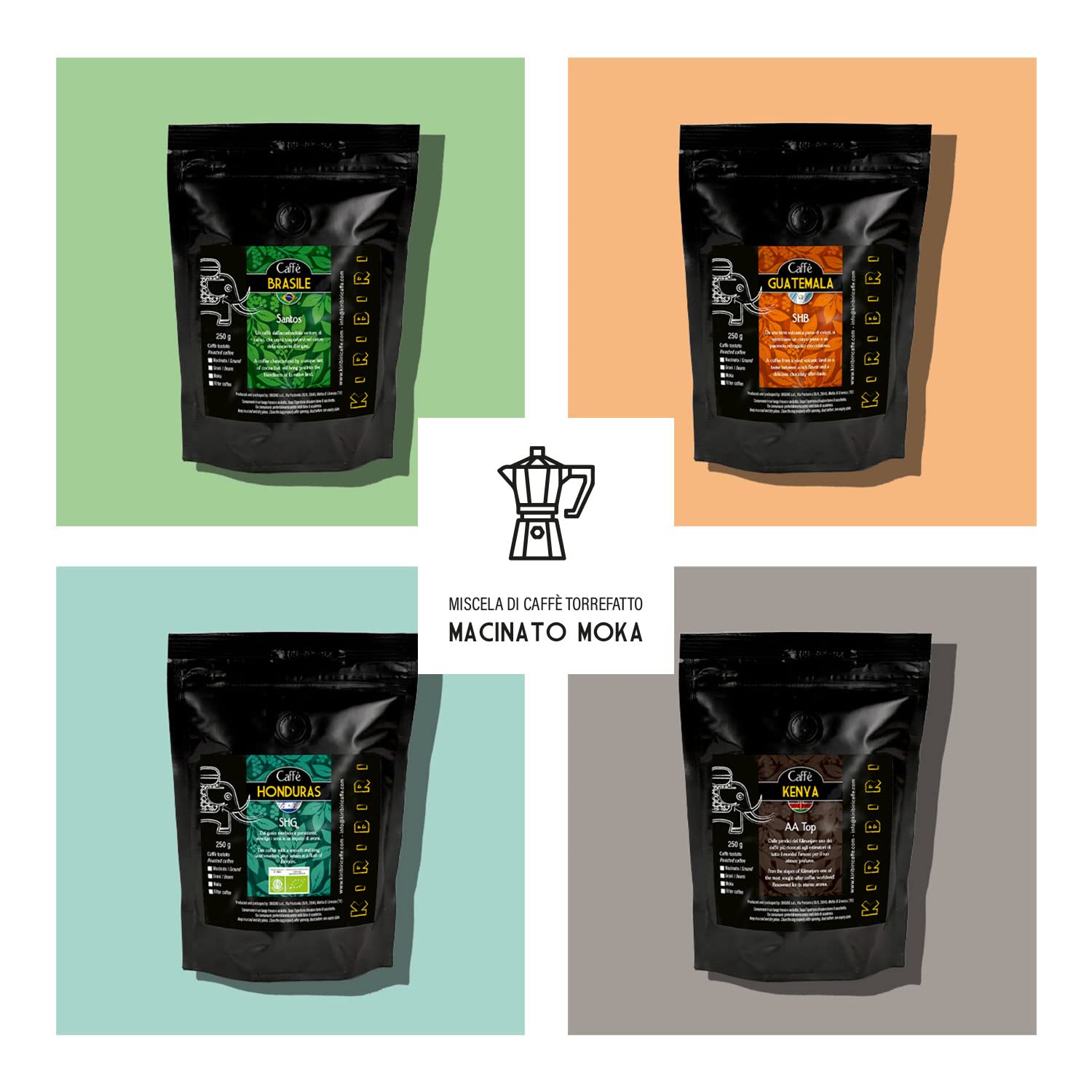 KIRIBIRI Caffè Macinato per Moka Caffè Specialty Monorigine 100% Arabica - Confezione 4 x 250g - Brasile, Guatemala, Honduras Biologico, Kenya