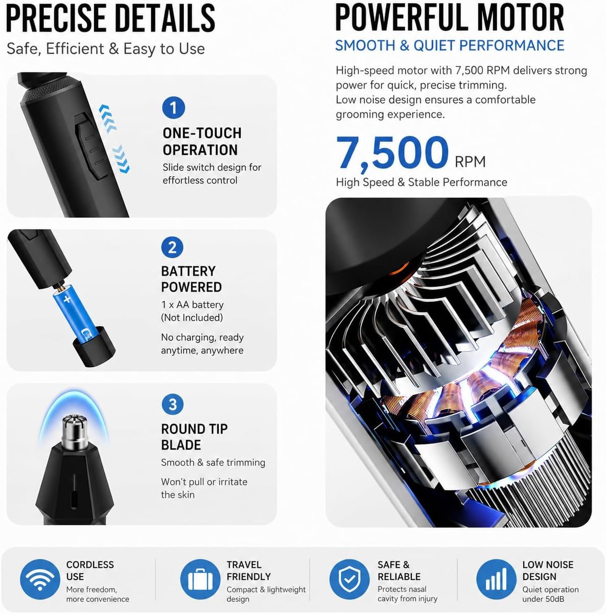 Oogway Master® Nose Hair Trimmers for Men, IPX7 Waterproof Ear and Nose Hair Cutter Remove Clipper, Dual Edge Blades for Easy Cleansing, Portable Electric Eyebrow & Facial Grooming Kit Painless