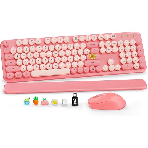 Wireless Keyboard and Mouse Combo, Cute Full-Size Retro Typewriter Keyboard with Round Keycaps, Magnetic Wrist Rest, Tilt Legs, 2.4GHz Cordless for Mac, Windows PC, Laptop, SABLUTE CK23, Baby Pink | Full-Size Retro Typewriter-Style Keyboard, Tilt Legs, Auto Sleep, 2.4GHz Cordless for MacOS, Windows PC, Laptop, SABLUTE CK23