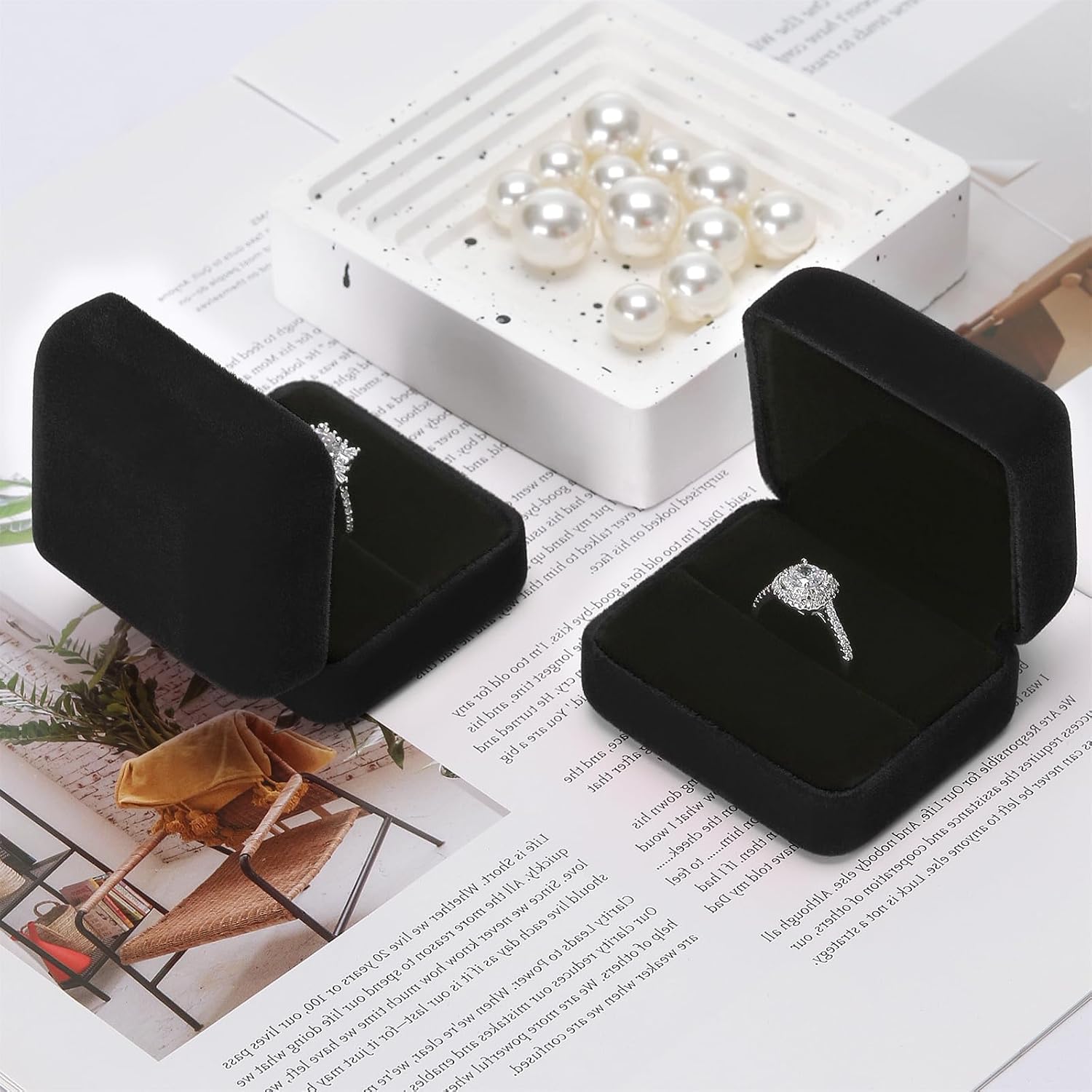 KUKUVR 2 Pieces Velvet Metal Wedding Ring Box, Elegant Jewelry Earring Studs Gift Box for Women Girl, Ring Holder Case for Engagement Proposal, Anniversary, Bridal Party Decor (Black)