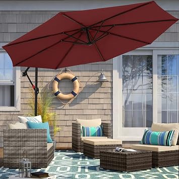 MASTERCANOPY 10FT Patio Umbrella,Outdoor Offset Cantilever Umbrella with Crank and Cross Base Burgundy