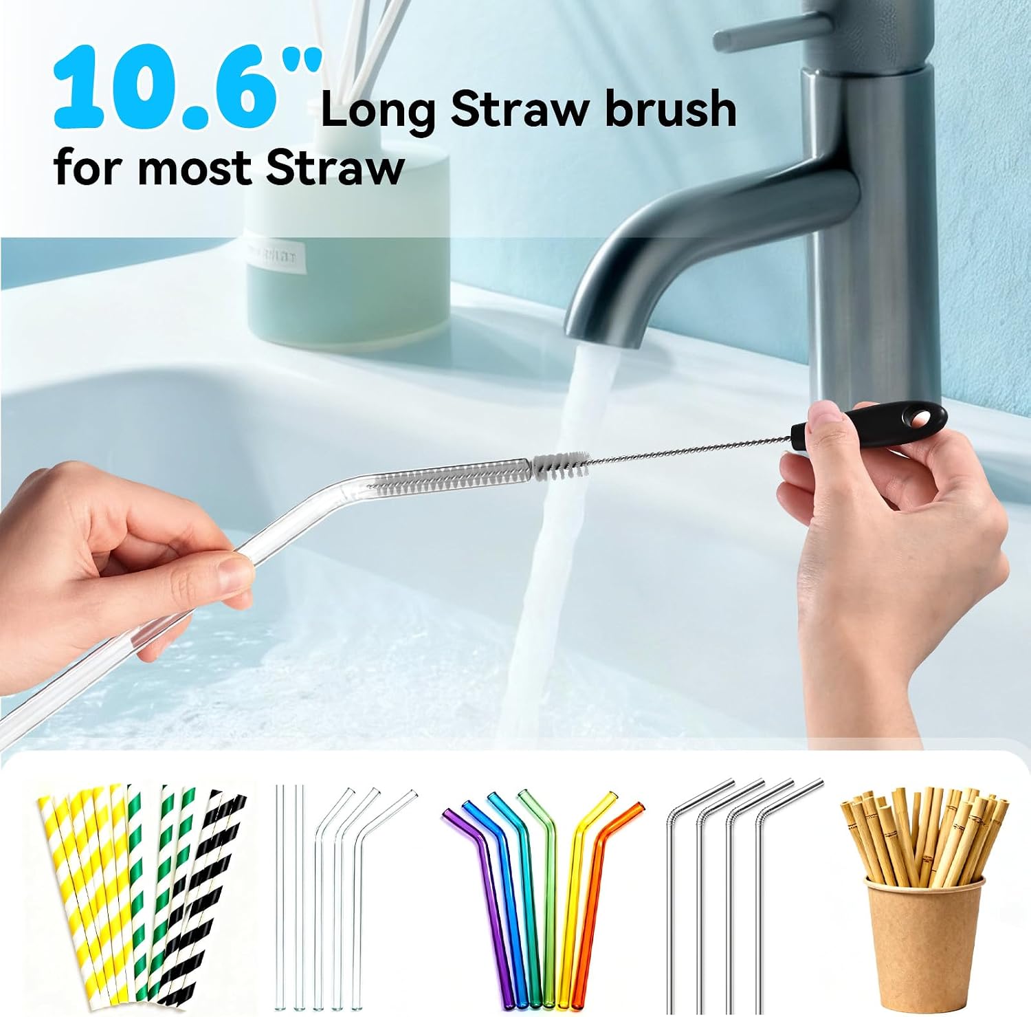SLUXKE Bottle Brush Set with Straw Cleaner Brush and 3 in 1 Cup Lid Cleaning Brush, Bottle Brush Cleaner with Long Handle for Cleaning Cup, Water Bottles, Tumblers, Baby Bottles