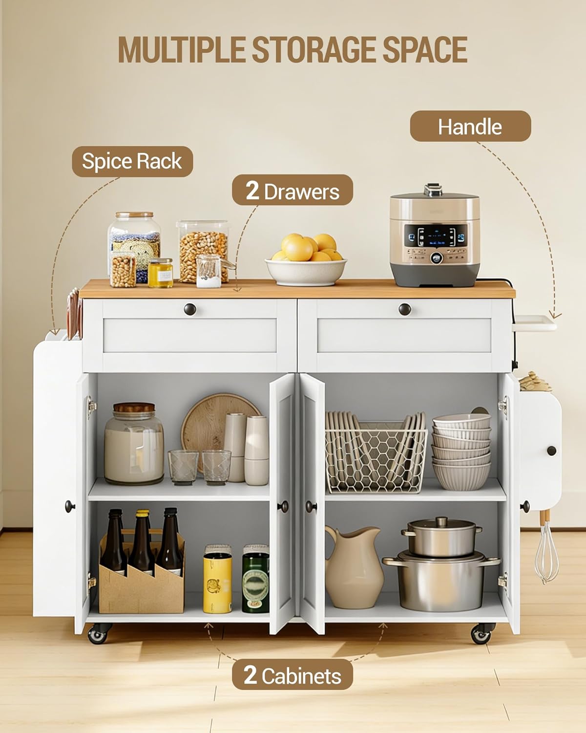 Kitchen Island, 53.1" Rolling Kitchen Island Cart on Wheels with Power Outlet & Drop Leaf, Portable Mobile Island Table with Spice Rack, Towel Rack, Knife Holder, Drawers, White KT00103W