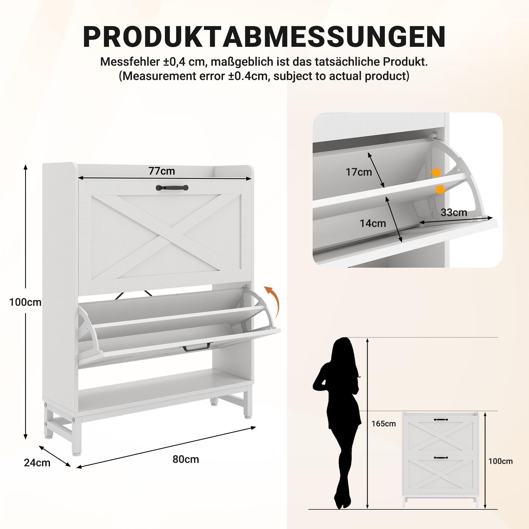 Hawthyhome Schuhschrank schmal 2 Fächer, Schuhkipper für 12-16 Paar Schuhe, Platzsparender Schuhschrank Holz mit Metallbeinen & Kippschutz, Flur & Eingangsbereich, 80x24x100 cm, Weiß