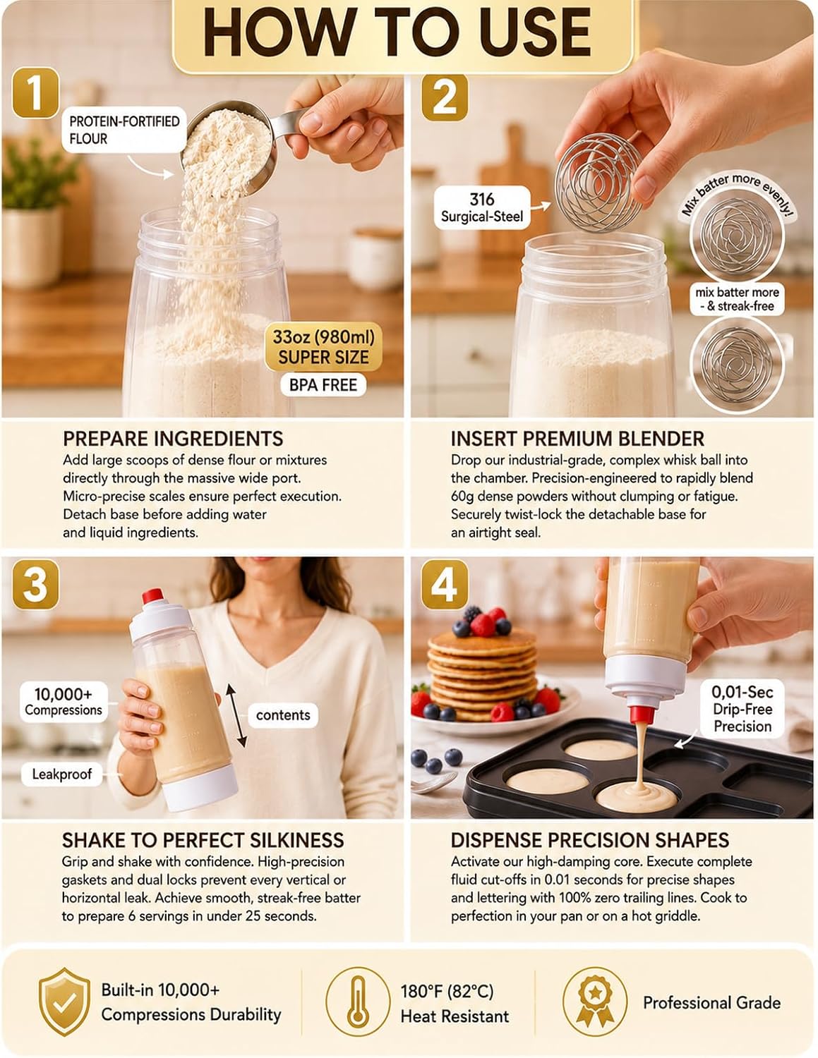 10-Piece Pancake Dispenser Bottle Set, Super Large Leakproof 33oz Squeeze Bottles for Pancake Batter and Protein Shakes with 2 Whisk Balls 2 Danish Dough Whisks 2 Spatulas and 2 Cleaning Brushes