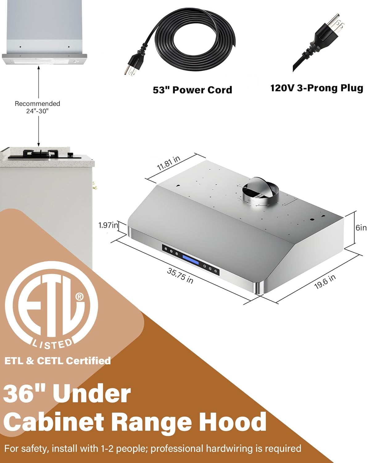 36 inch Stainless Steel Under Cabinet Range Hood - 900 CFM, Ultra-Quiet 4-Speed Vent, Touch/Remote Control LCD, LED Lights, External Venting