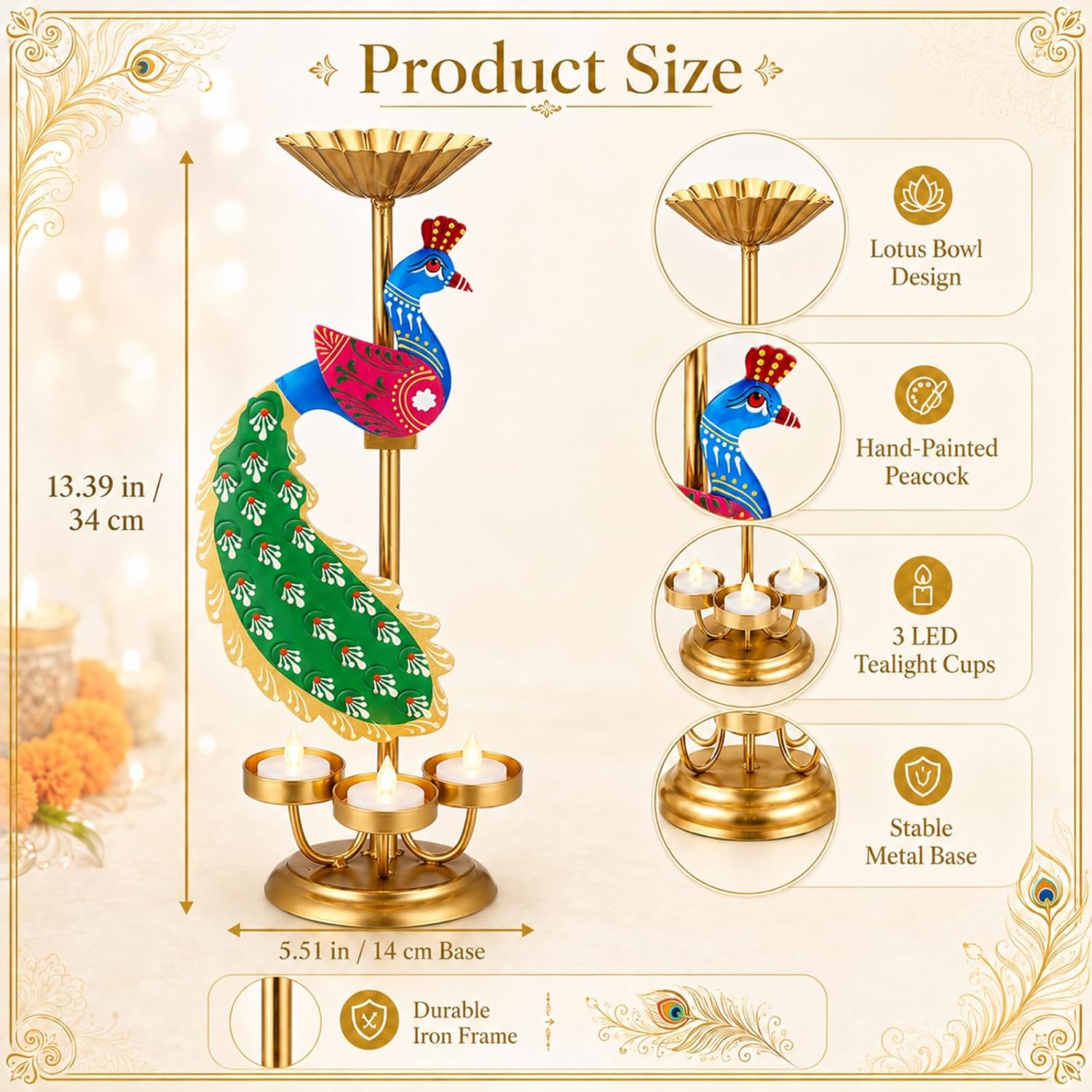 LemonRoad 2 Pcs Peacock Tealight Candle Holder for Diwali, Handcrafted Decorative Brass Oil Lamp, 13.39 Inch Diwali Table Centerpiece Indian Festival Home Decor Multi-Color 3 Cup Design