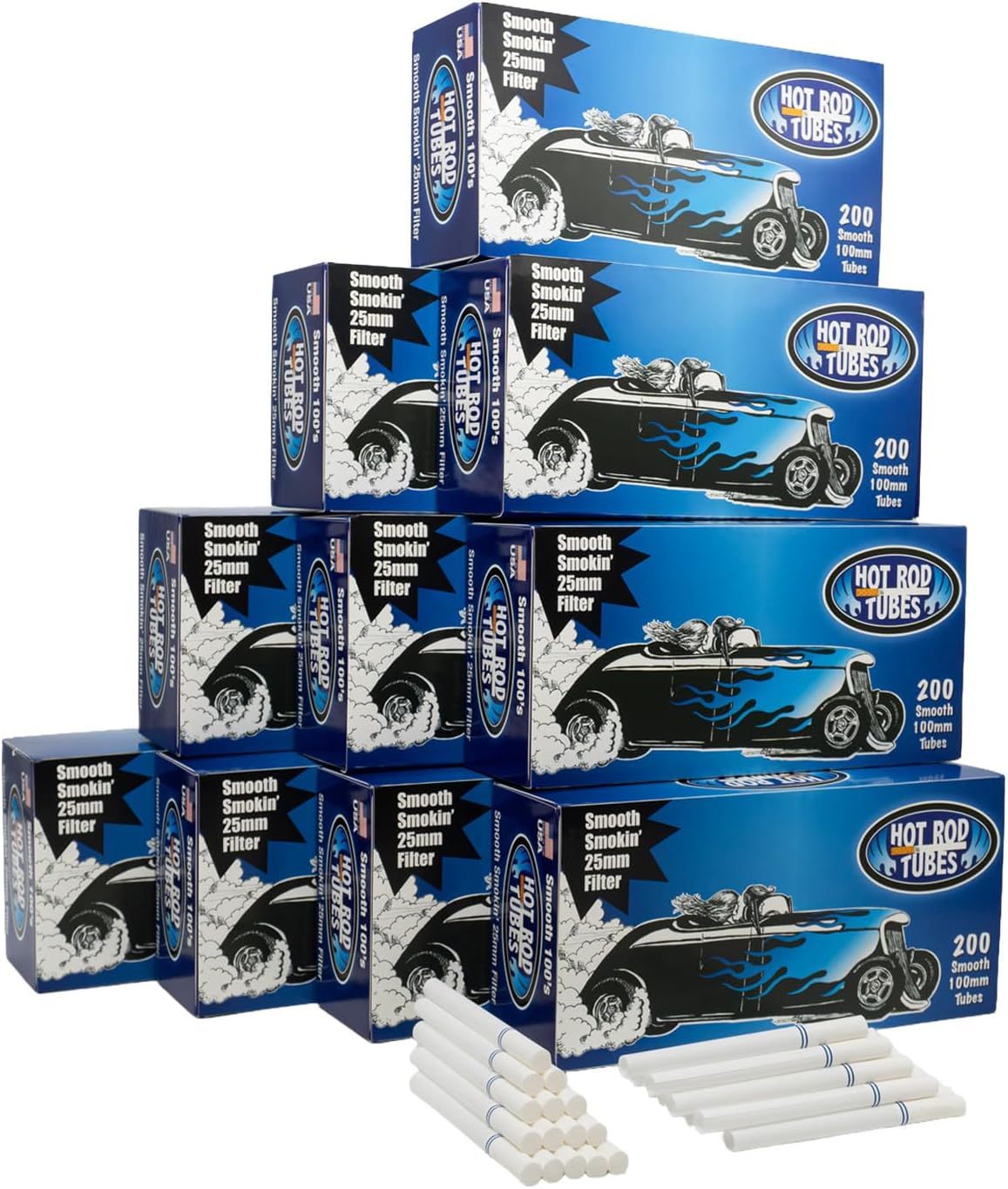 HotRod Cigarette Tubes with filter Size 100mm 2000-200 Count Per Box Smooth (Pack of 10)
