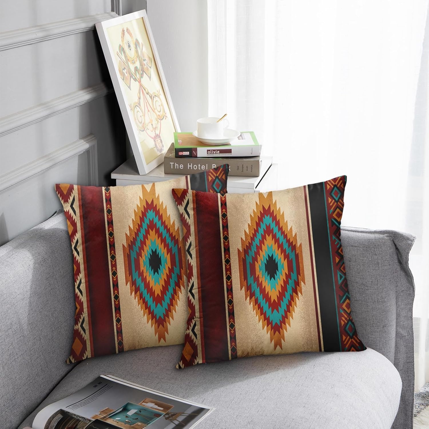 Emvency Set of 2 Western Throw Pillow Covers 16x16 Inches Decorative Brown Geometric Abstract Vintage Polyester Pillow Cases Square Pillocases for Bed Sofa - Image 2