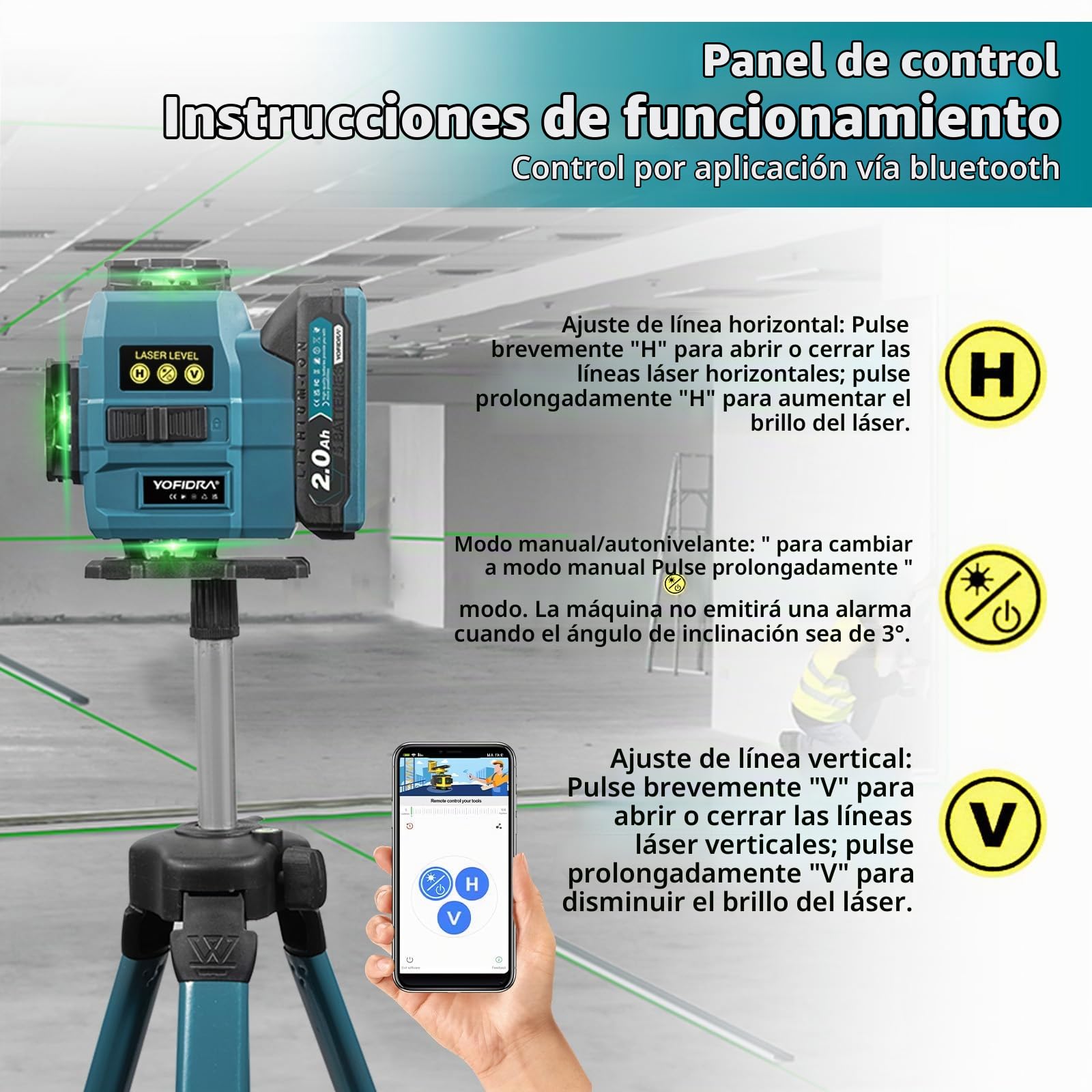 Yofidra Nivel Laser Con Soporte de Tripode - Nivel Laser Autonivelante 360°, 4D 16 Lineas Laser Nivel, Autonivelante, IP54, con 2 Baterias de 2000 mAh y Control Remoto