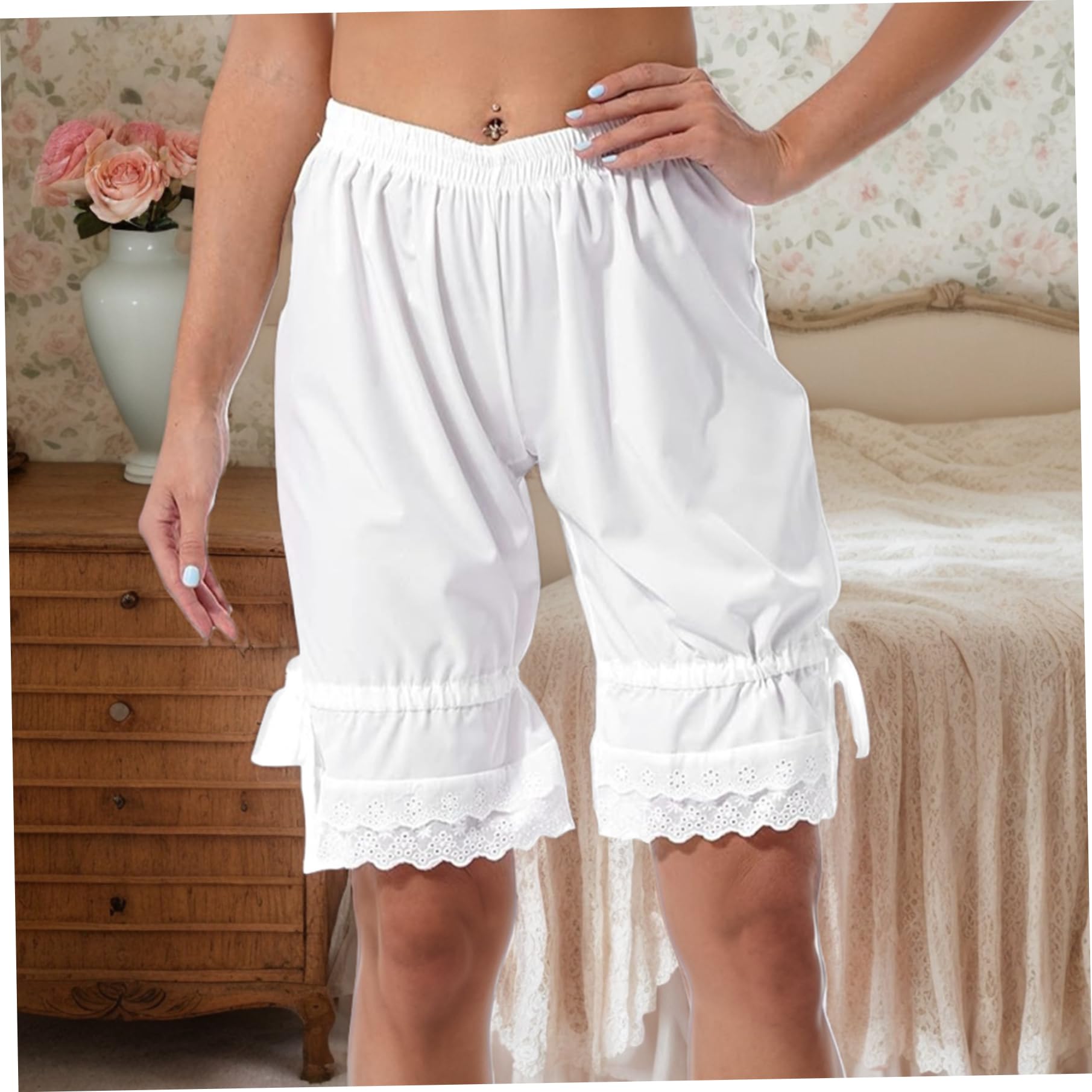 1pc Bloomers Blancos, Flores de Volante con cordón, Flores de Cintura elástica, Flores de Pantalones Cortos para Mujeres durmiendo, l