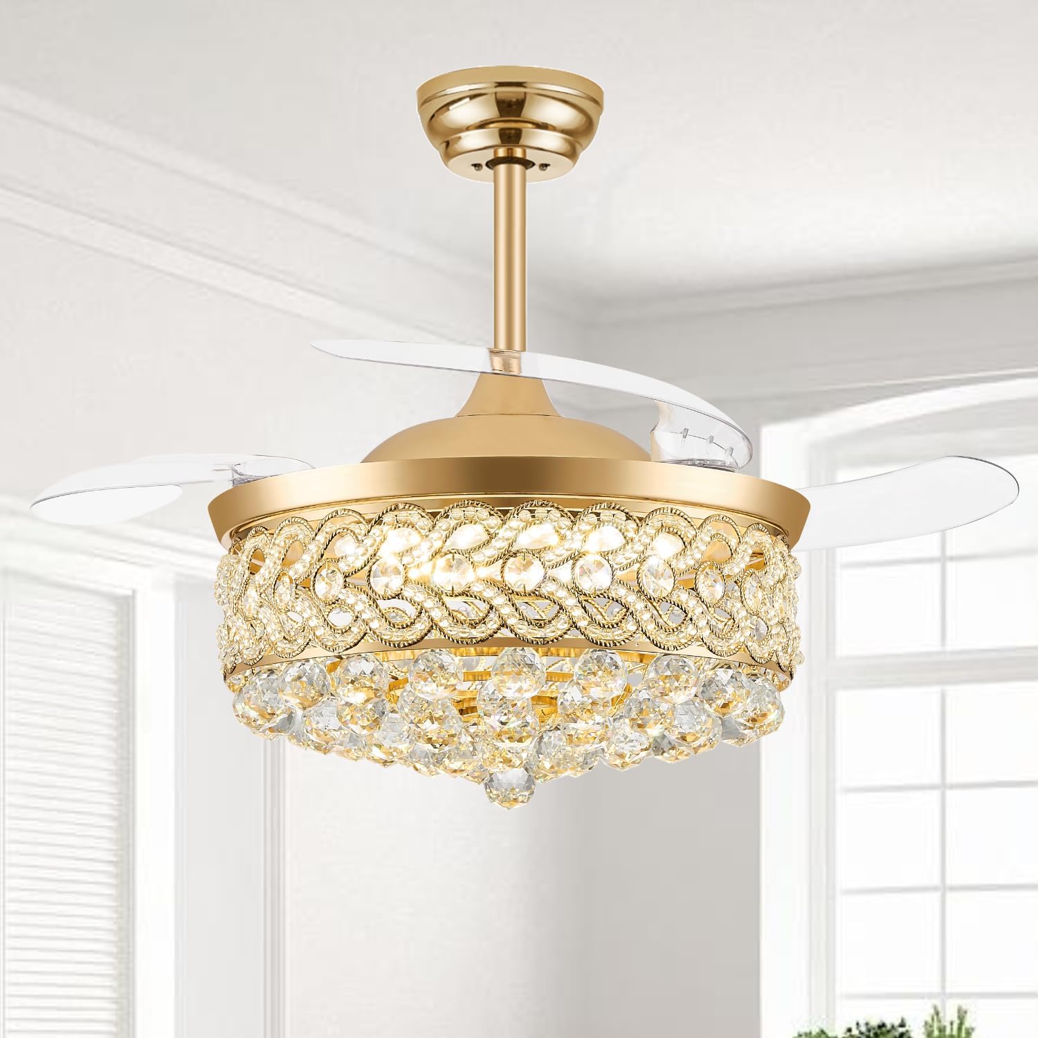 42" Gold Fandelier Ceiling Fan with Light, Crystal Chandelier with Fan Retractable Ceiling Fan with Lights and Remote LED Dimmable Chandelier Fans for Bedroom Living Room Dinning Room Kitchen