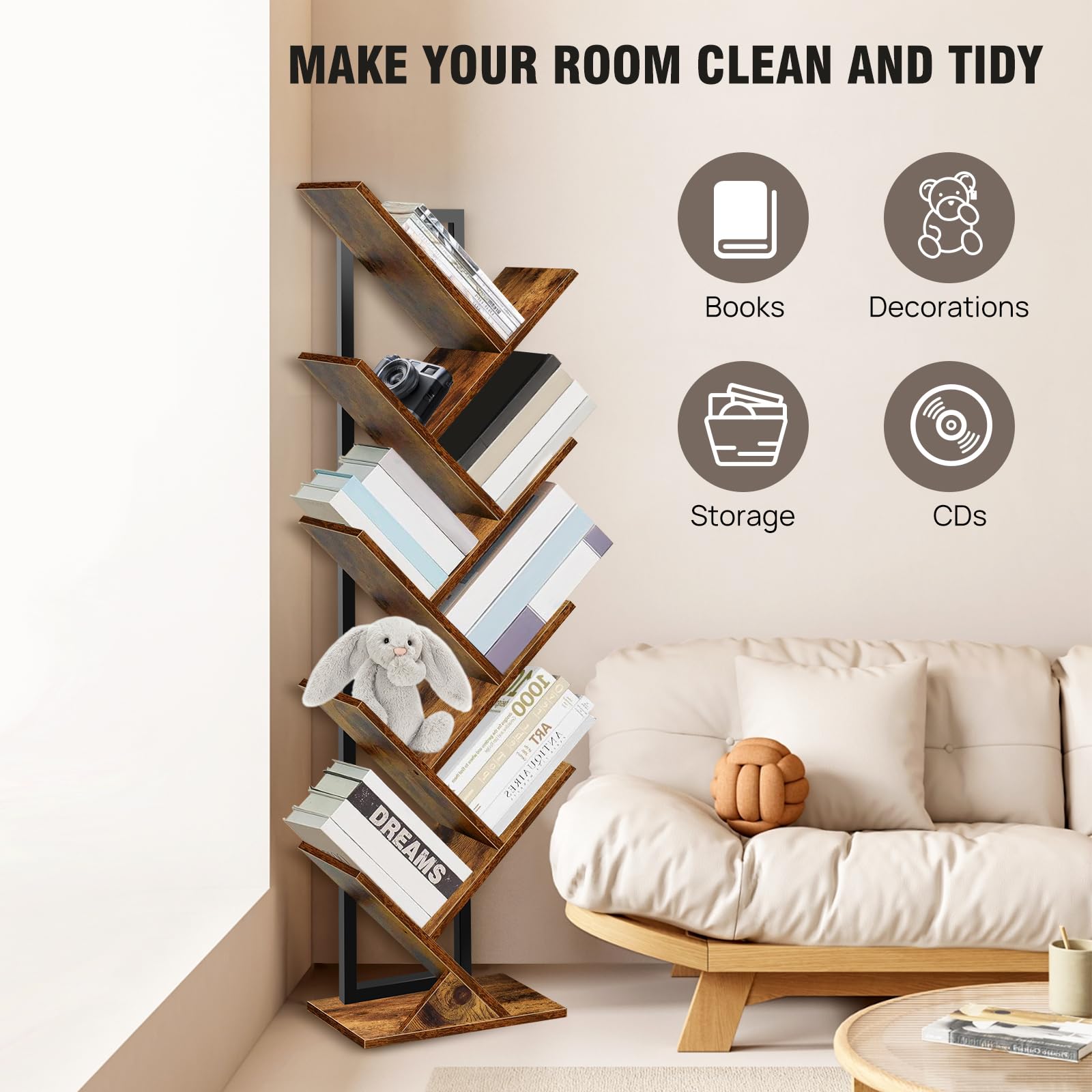 SHEEPAM 10 Tier Tree Book Shelf, Floor Standing Wood Bookshelf For Narrow Space Storage Organizer Bookshelves For Books Cds Magazine Bookcase With Shelves For Home Office Living Room White&pid=ndyzogy3nw - View #3