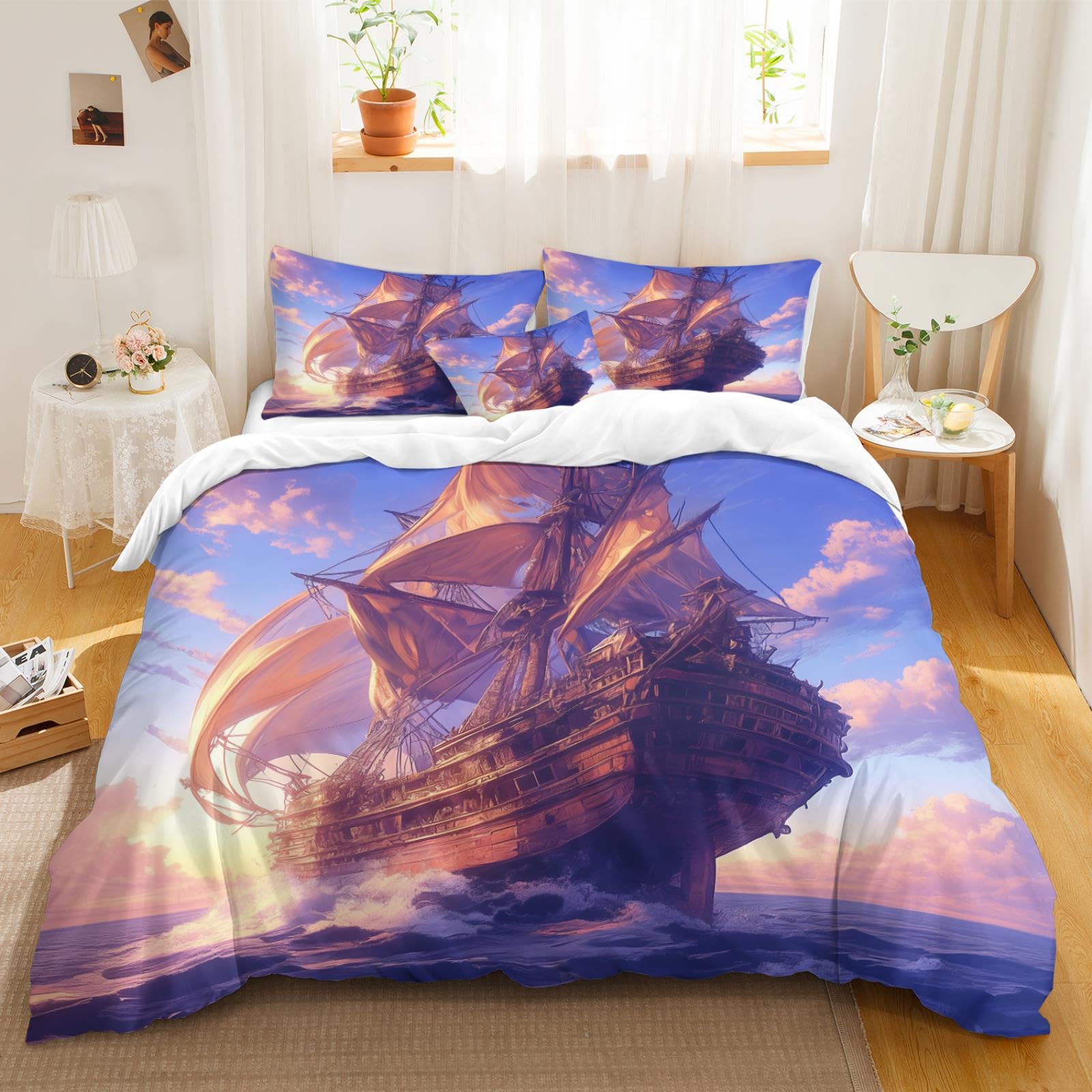 Housse de couette voilier 240x260 cm avec 2 taies d'oreiller, parure de lit adulte et enfant