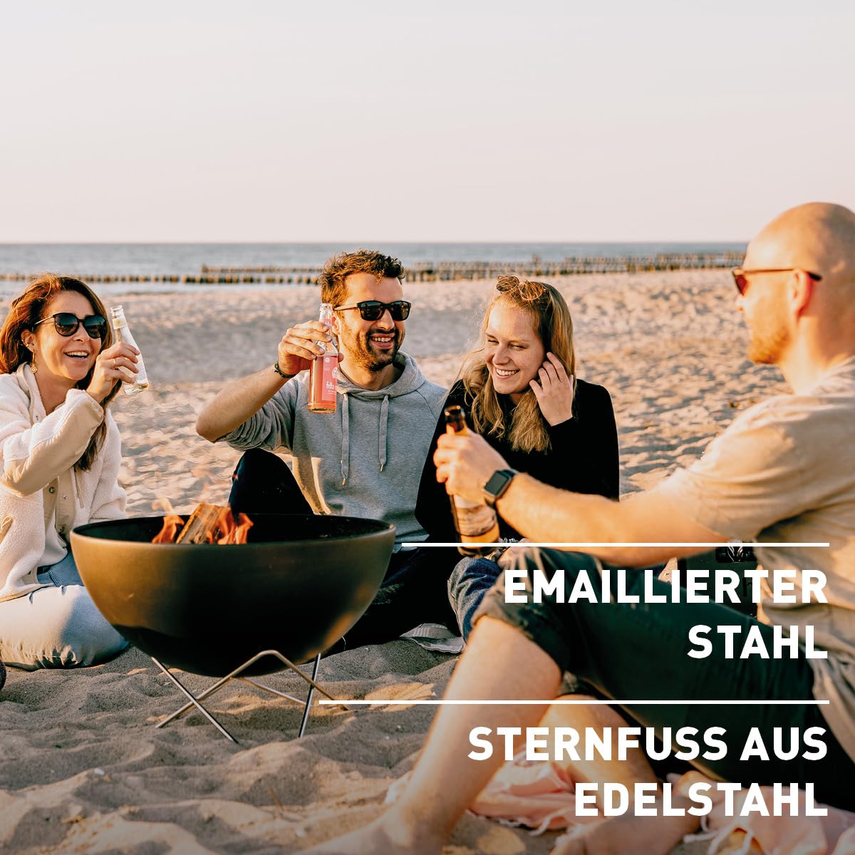 höfats - Bowl 57 Feuerschale mit Edelstahl Sternfuß - raucharme Verbrennung - Feuerstelle mit Plancha Grillplatte und Grillrost nutzbar - kippbarer Feuerkorb Stahl emailliert, schwarz, Ø 57 cm