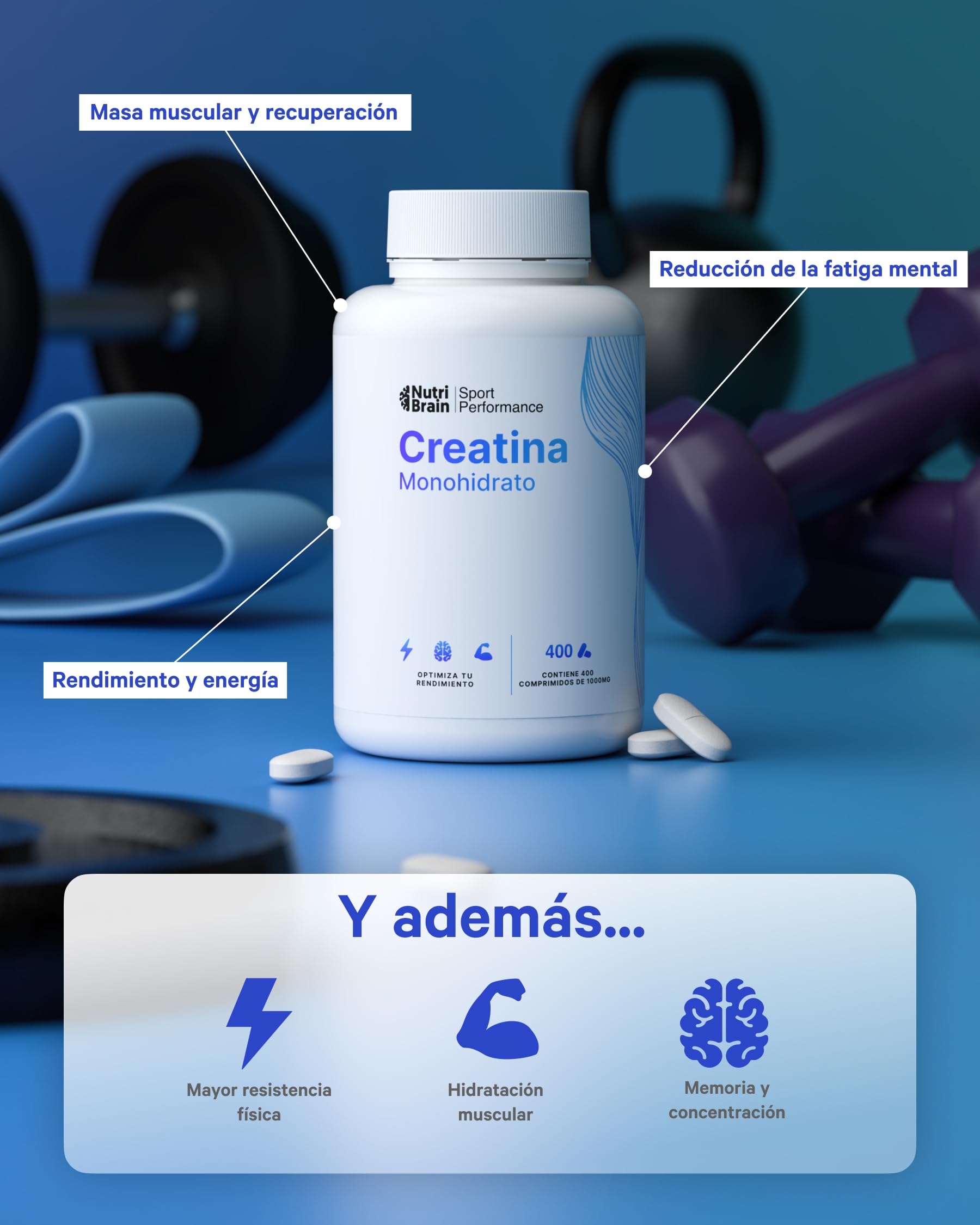 Creatina Monohidratada 3000 mg – 400 comp (3-4 meses) | Mejora Fuerza, Masa Muscular, Resistencia, Recuperación, Energía y Agilidad Mental | Vegano, Sin Gluten, No OGM | Para Hombre y Mujer