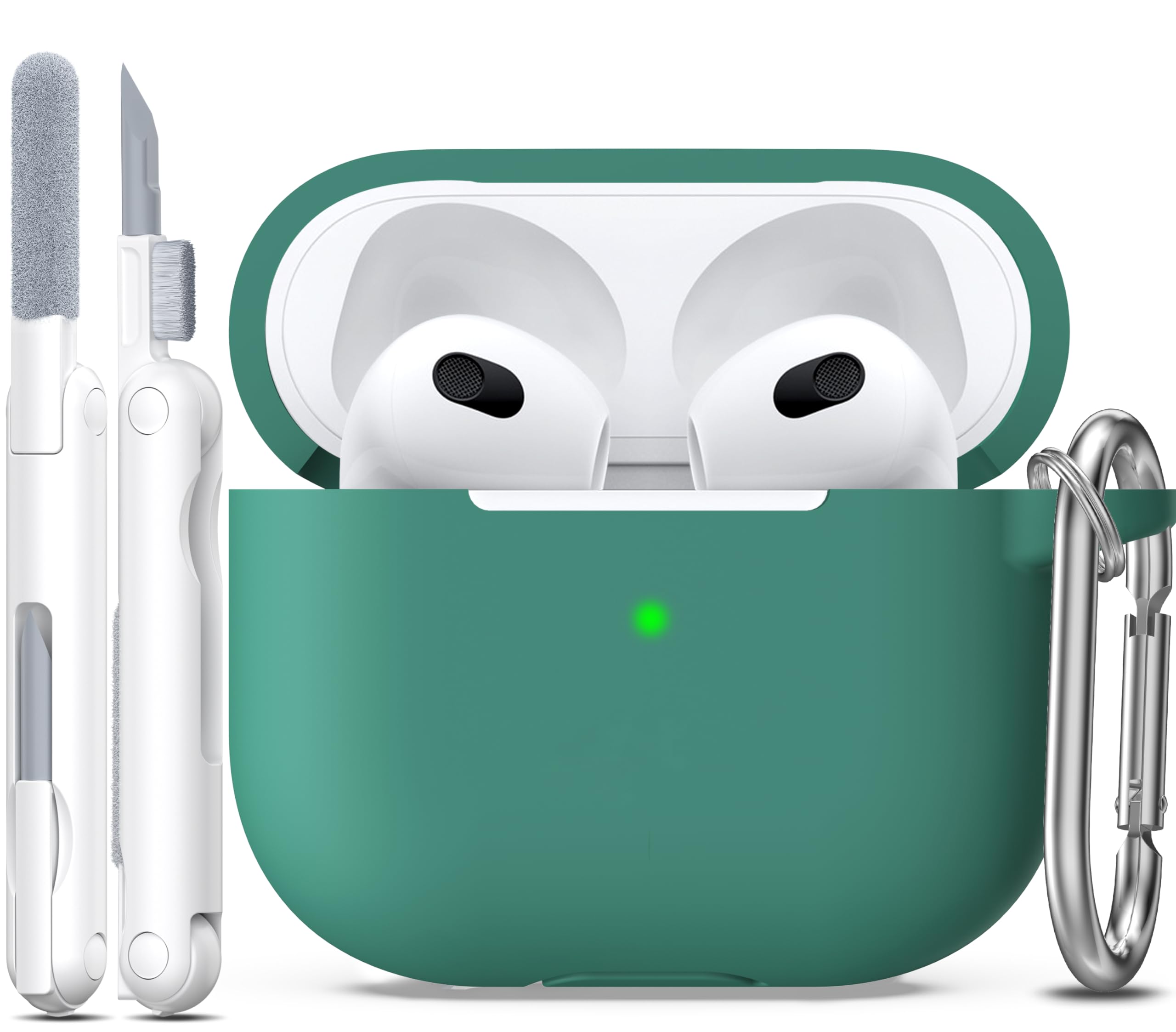 R-fun Compatible with AirPods 3 Case Cover, Silicone Protective Accessories Skin with Keychain Compatible with Apple AirPod 3rd Generation 2021 for Women Men Girls Boys,Front LED Visible,Pine Green