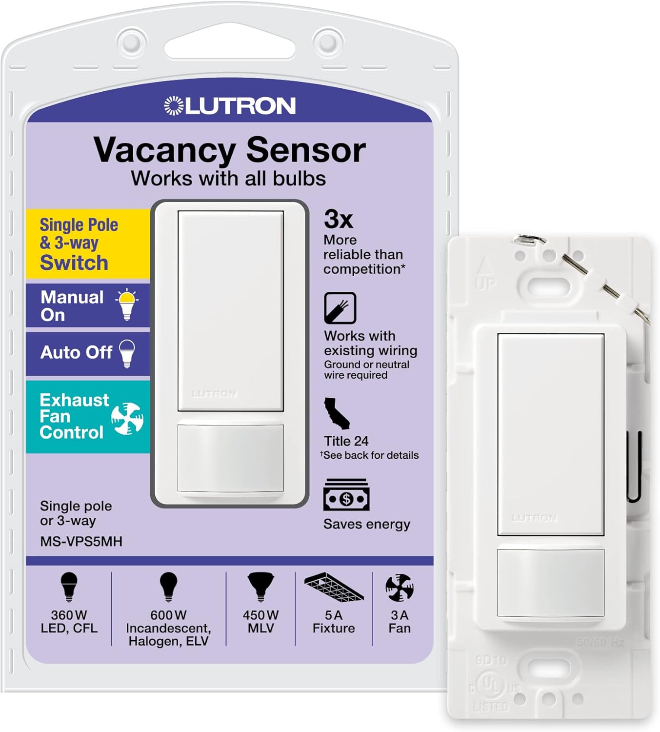 Lutron Maestro Vacancy-Only Sensor Switch | 5 Amp, Single-Pole/Multi-Location | MS-VPS5MH-WH | White