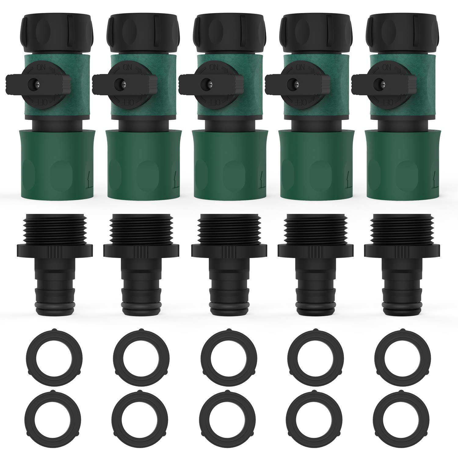 AsgensHose Quick Connector, 5 Sets 10 PCS 3/4 Inch Garden Hose Fitting Quick Connector Adapter Male and Female Set with Shut-Off Valve Switch,10PCS Extra Rubber Washers