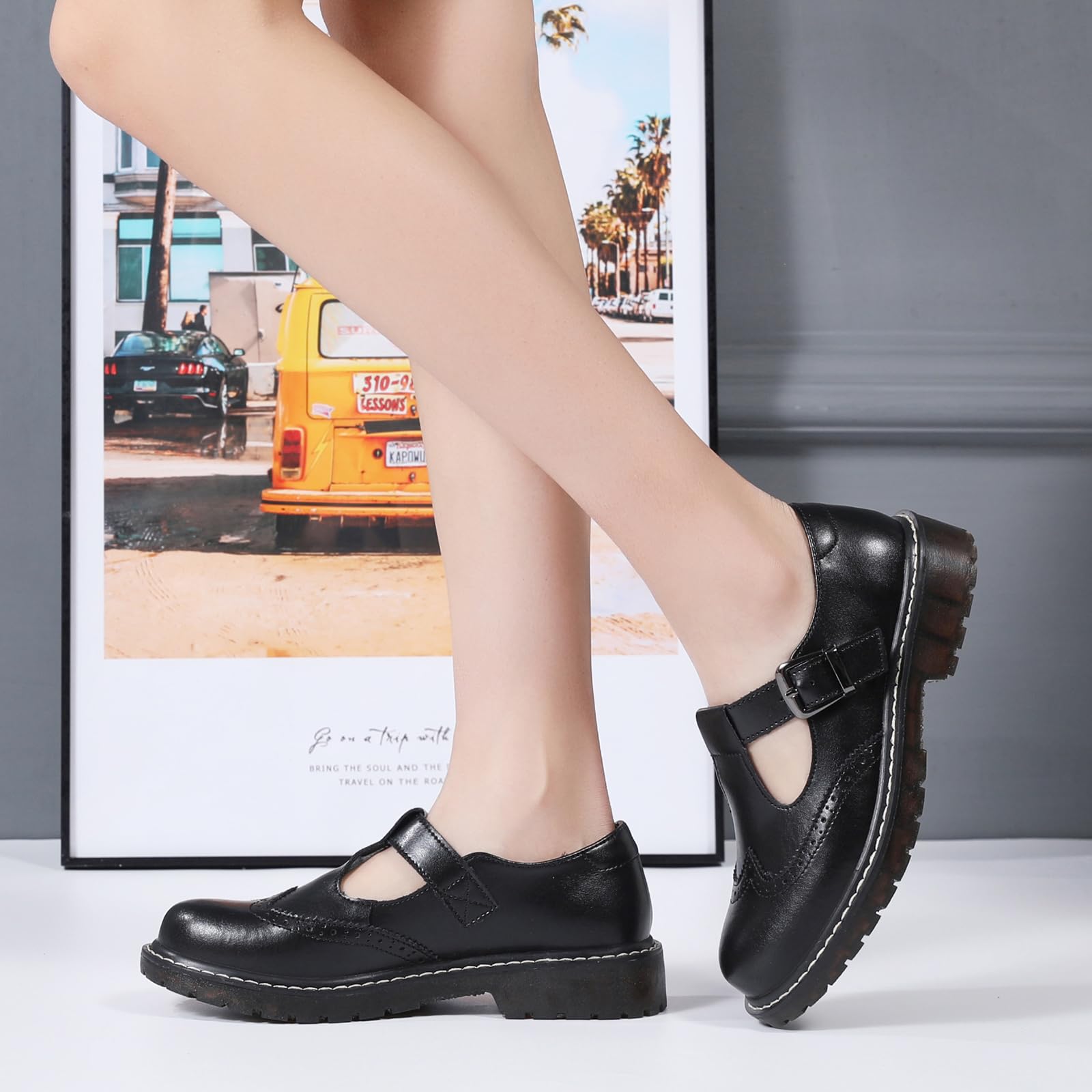 XMM Mary Jane Shoes Women Oxford Shoes Leather Round Toe Flats Non-Slip Ankle Buckle Strap Comfort Casual Dressy Cosplay Party School Work Shoes: 8.5 257 Black