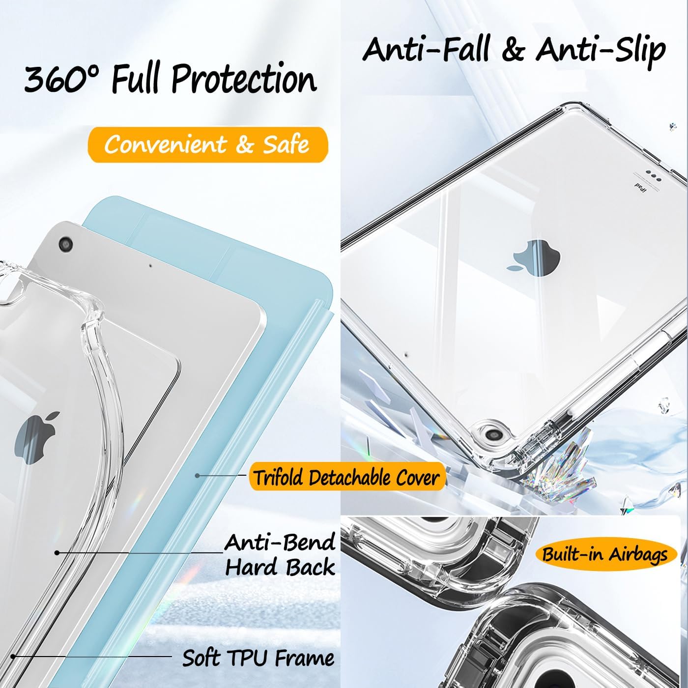 Slim Case for iPad 9th/8th/7th Generation 2021/2020/2019 (10.2 inch) Leather Case with Pencil Holder, Slide Detachable Magnetic Trifold Stand, Shockproof Protective Cute Clear Back Cover (Light Blue)