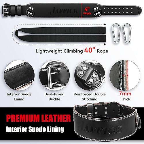 Miniatura 3 de Jaffick Leather Weight lifting belt & 2-in-1 Dip Belt with Rope for Weightlifting Pull Up Gym Powerlifting Squat Bodybuilding Waist Support for Men