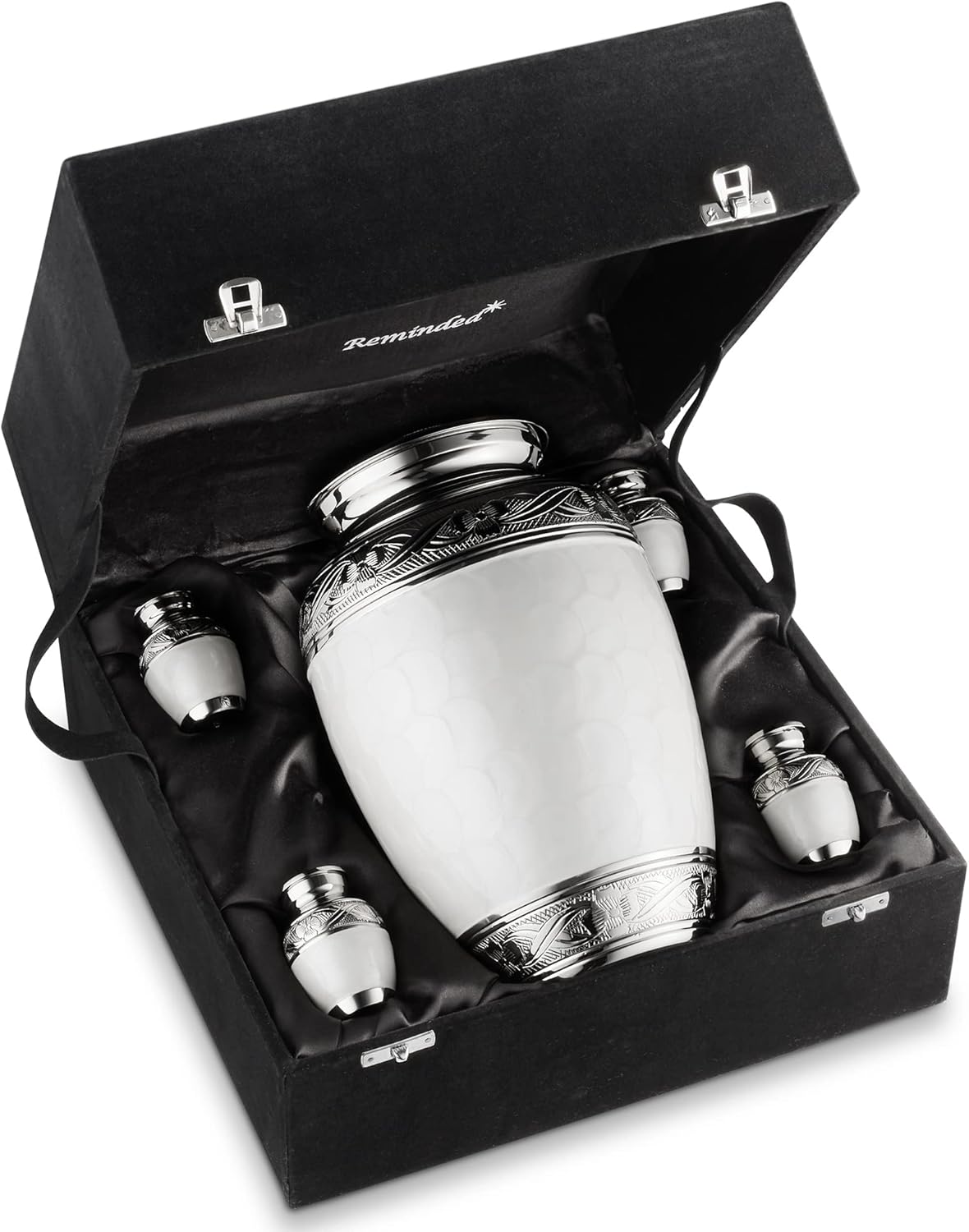 Reminded Set of 5 Decorative Cremation Urns for Human Ashes - 1 Brass Adult + 4 Keepsake Token Size, White